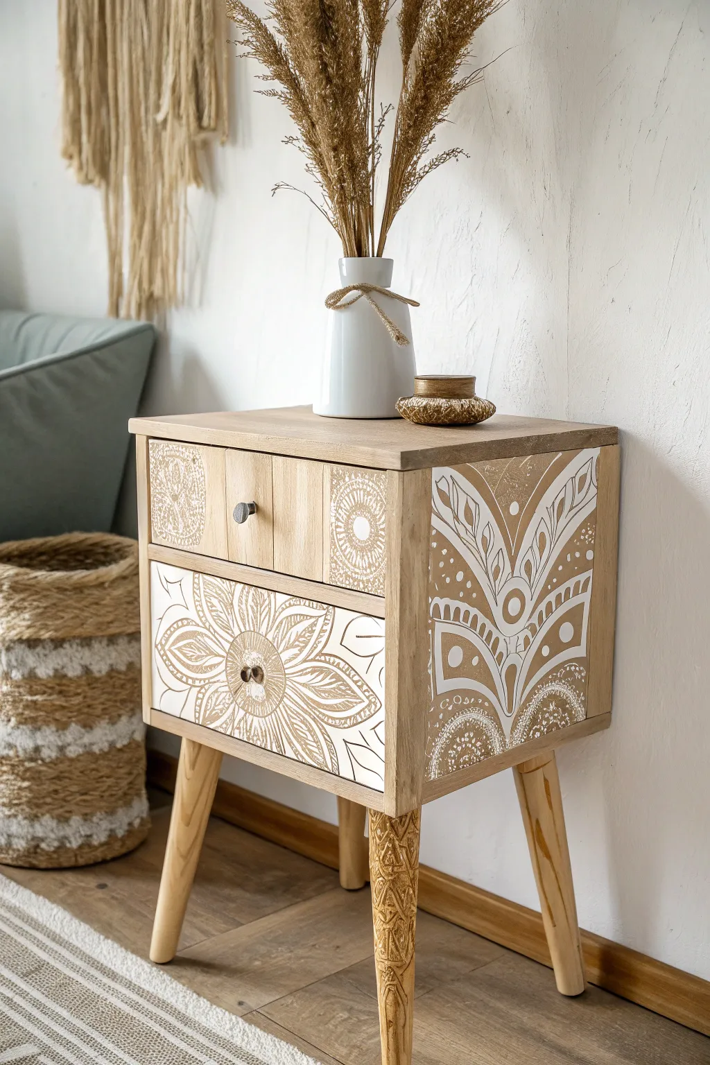 Transform your space with boho bliss: a nightstand that blends artistry and simplicity.