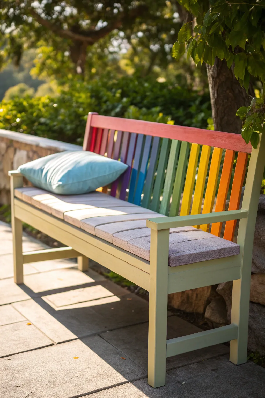 Embrace the spectrum with this stunning rainbow bench, bringing a touch of joy and diversity to your outdoor space.