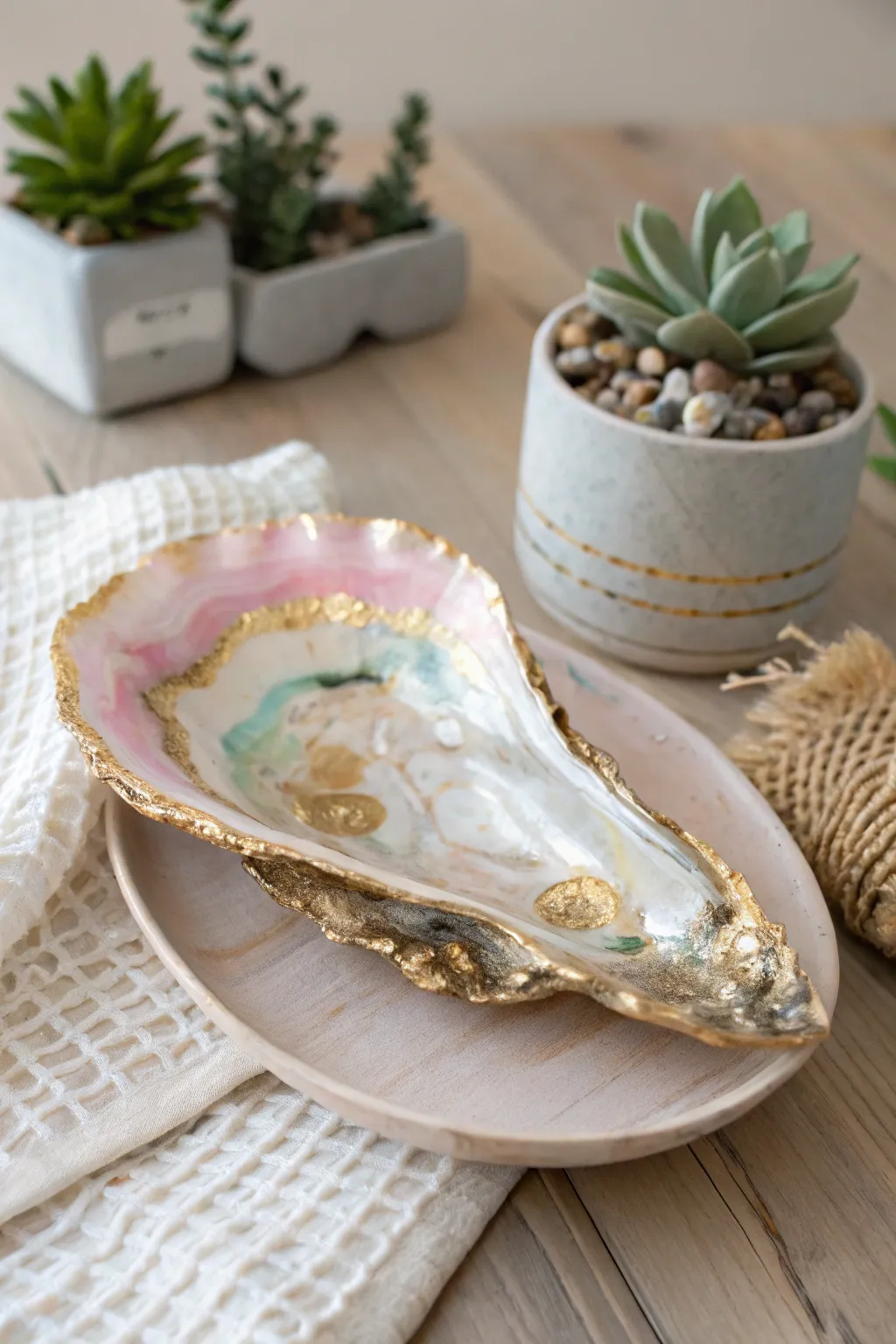 Elevate your table setting with chic, hand-painted oyster shell coasters that combine simplicity and elegance.