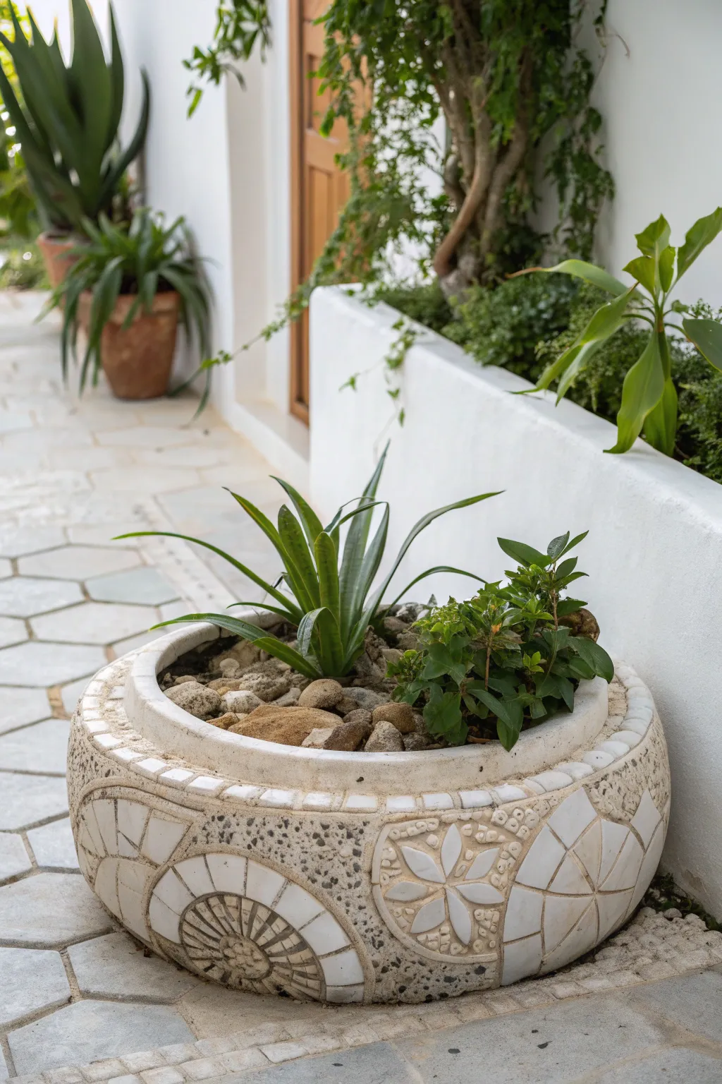 Transform your garden with a stunning mosaic tire planter that blends Scandinavian simplicity with boho artistry.