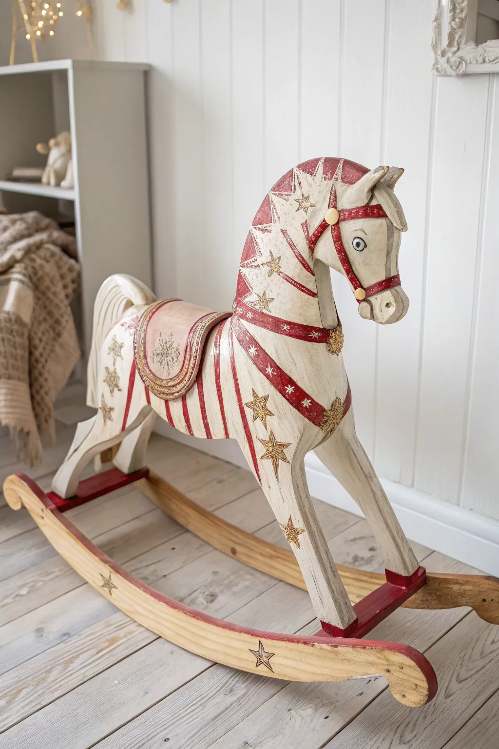 Step back into the enchanting world of a vintage circus with this exquisitely painted rocking horse, a perfect blend of nostalgia and craftsmanship.