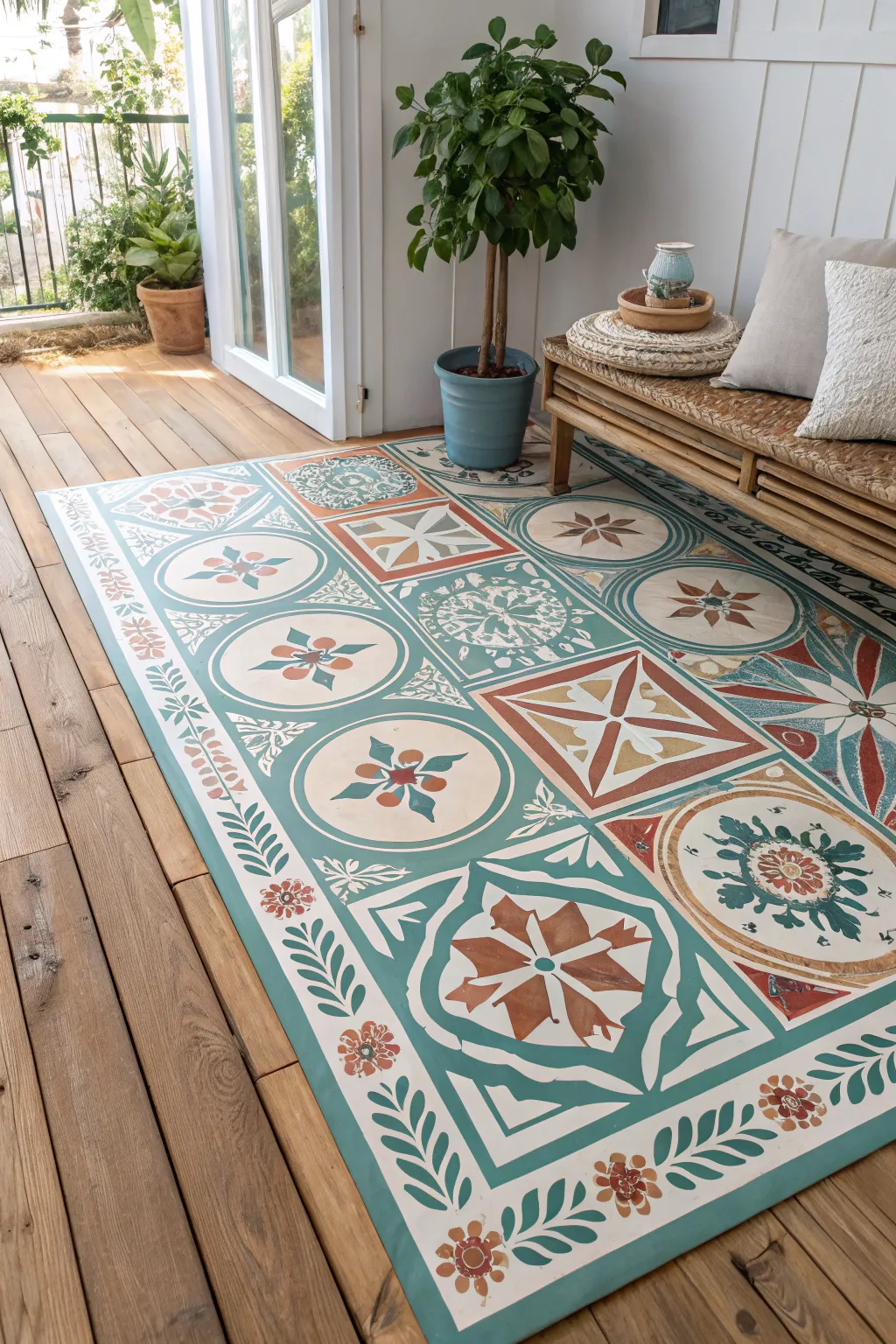 Transform your space with Mediterranean charm: Mosaic tile-inspired painted wood floors.
