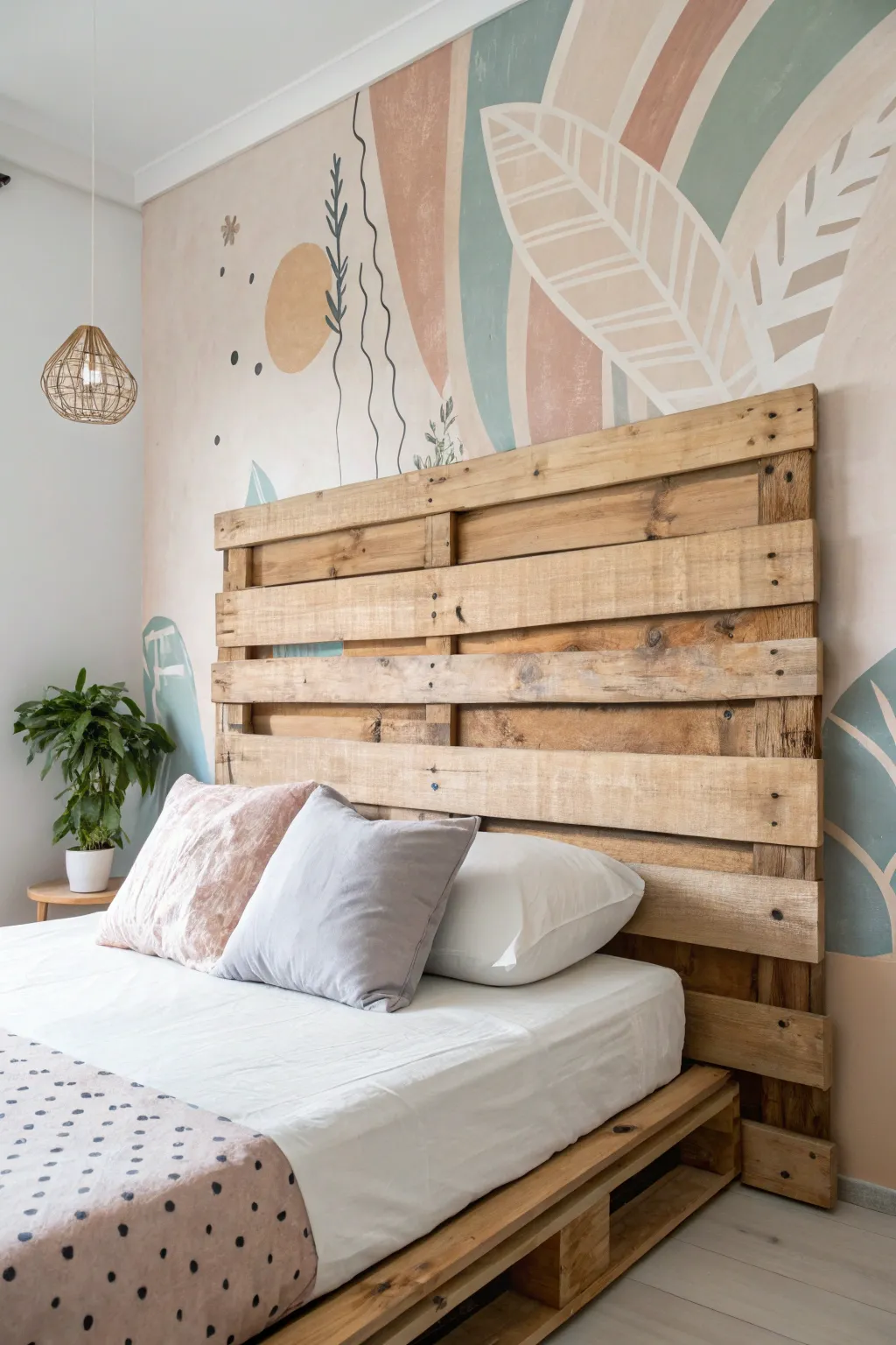 Transform your space with a stunning DIY pallet headboard, where art meets simplicity.