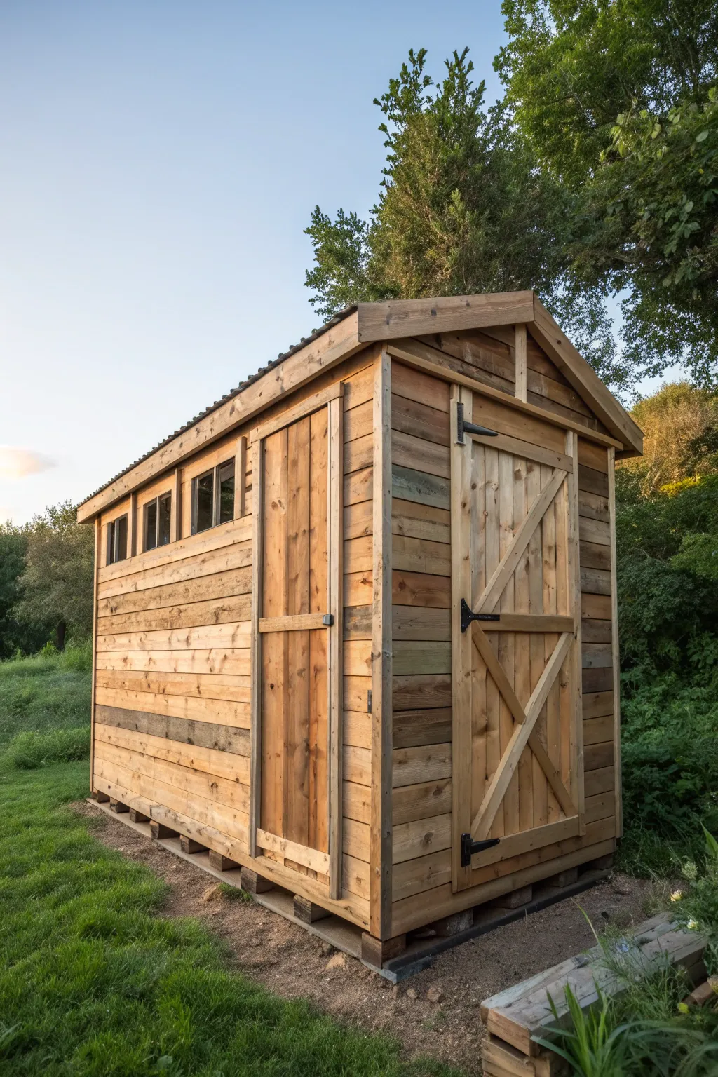 Discover the art of mobility with this expertly crafted portable pallet shed, a perfect blend of functionality and rustic charm.