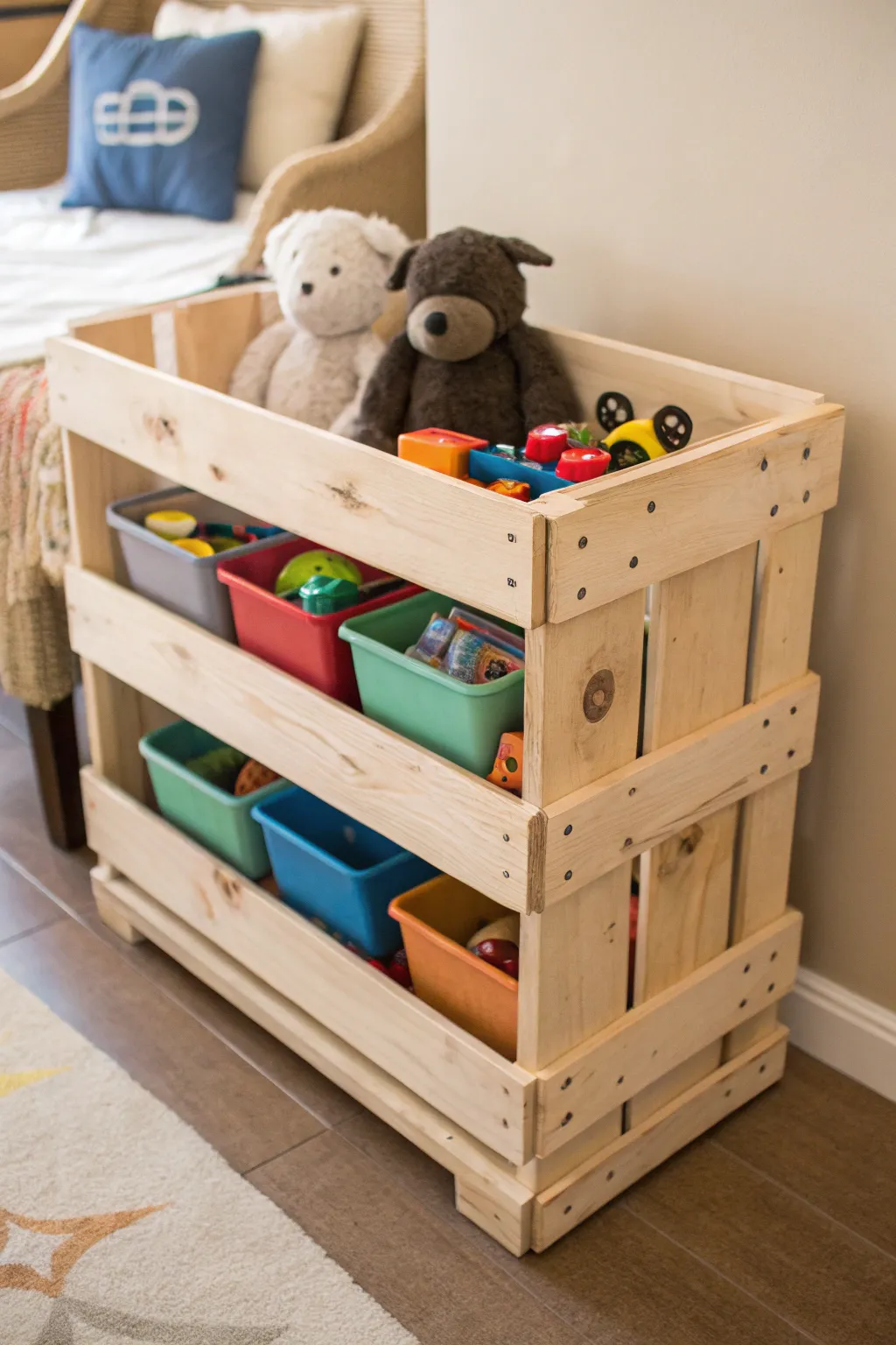 Elevate playroom organization with this handcrafted pallet toy storage unit, where practicality meets craftsmanship.