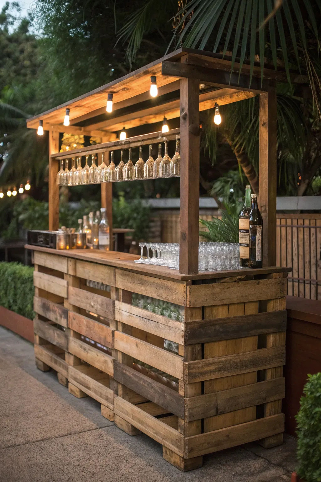 Elevate your outdoor gatherings with this handcrafted pallet bar, complete with a convenient hanging glass rack.