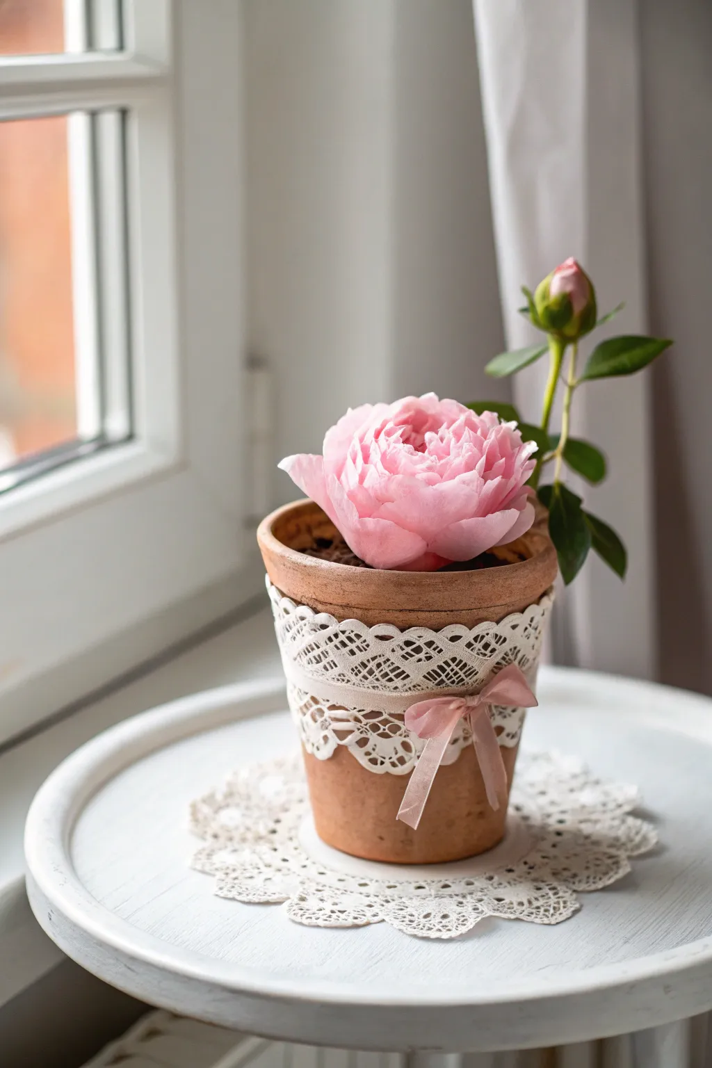 Embrace Valentine’s charm with a doily-wrapped flower pot, showcasing nature’s beauty with minimalist elegance.