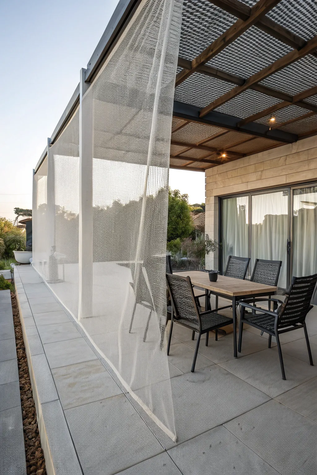 Embrace minimalist elegance with nearly invisible netting for a sleek patio design.