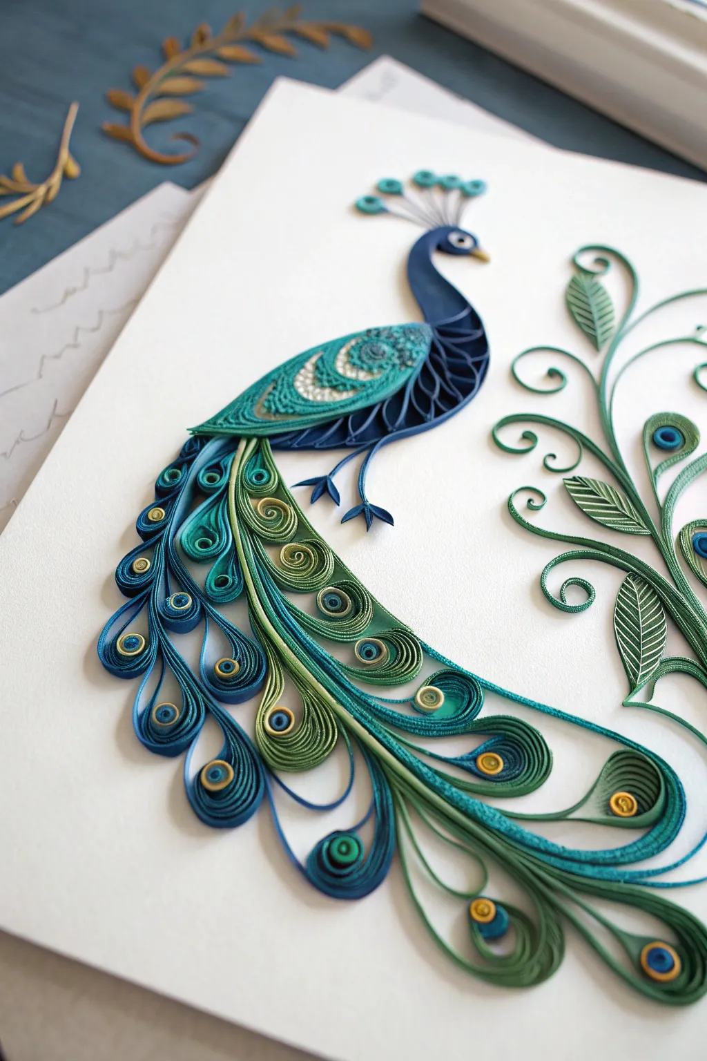 Witness the elegance of quilled paper art in this stunning peacock masterpiece, where craftsmanship meets simplicity.