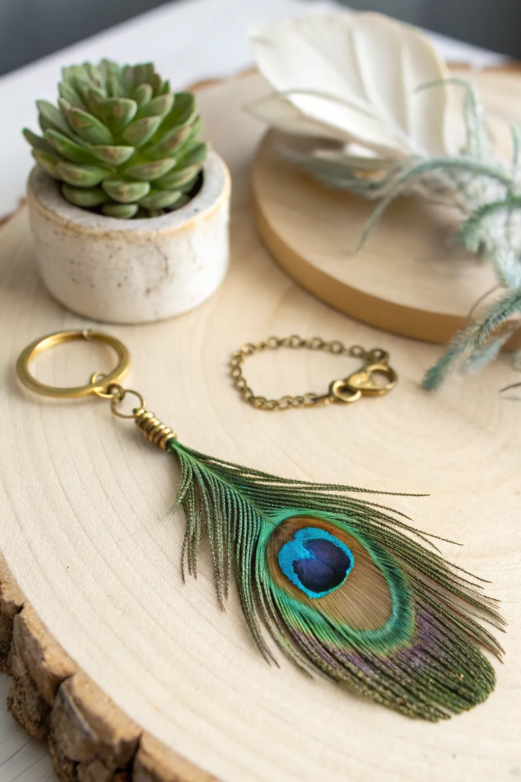 Elevate your style with handcrafted peacock feather keychains, where simplicity meets natural elegance.