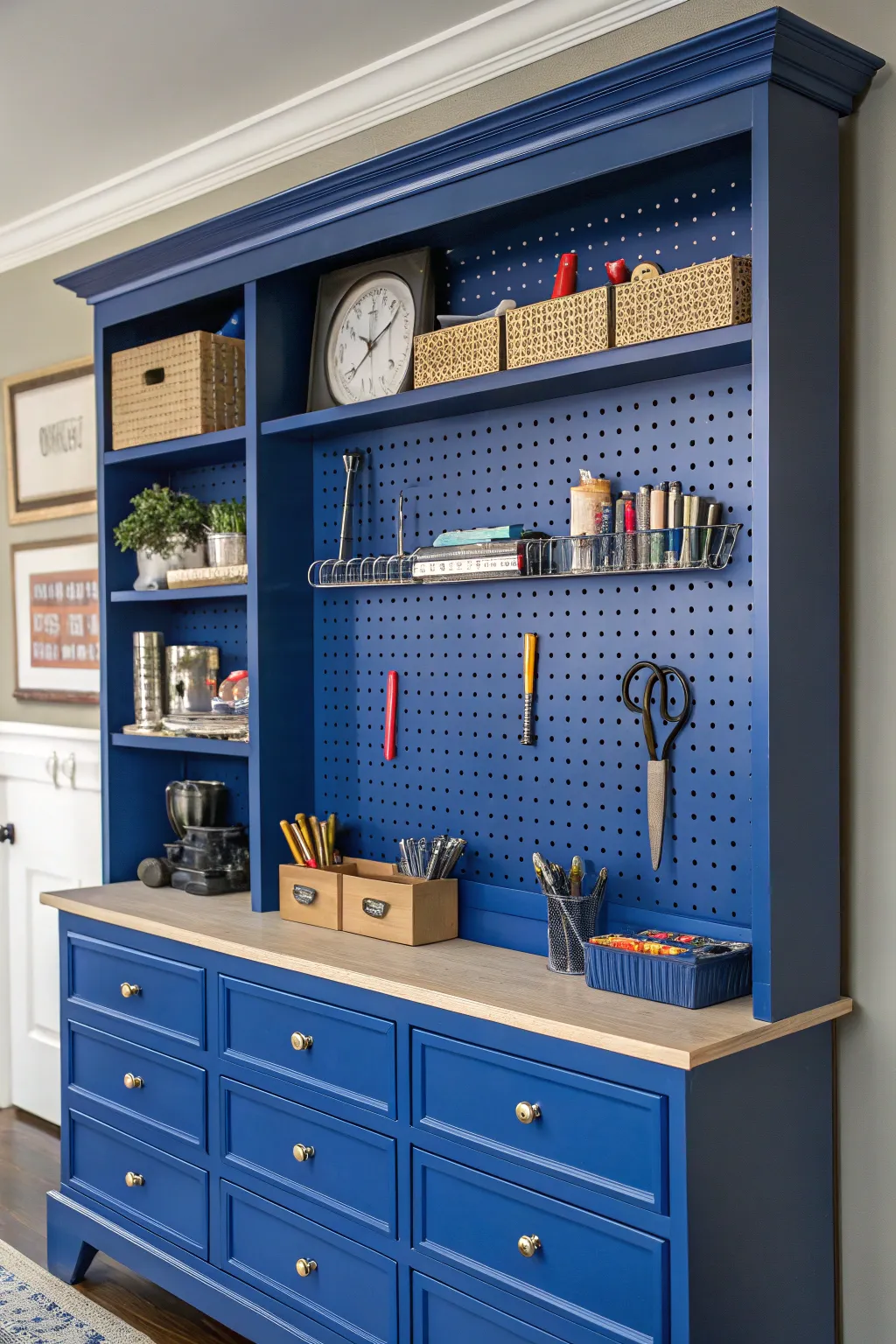 Transform your space with a vibrant pegboard that marries organization with style. Perfect for the craftsman who values both form and function.