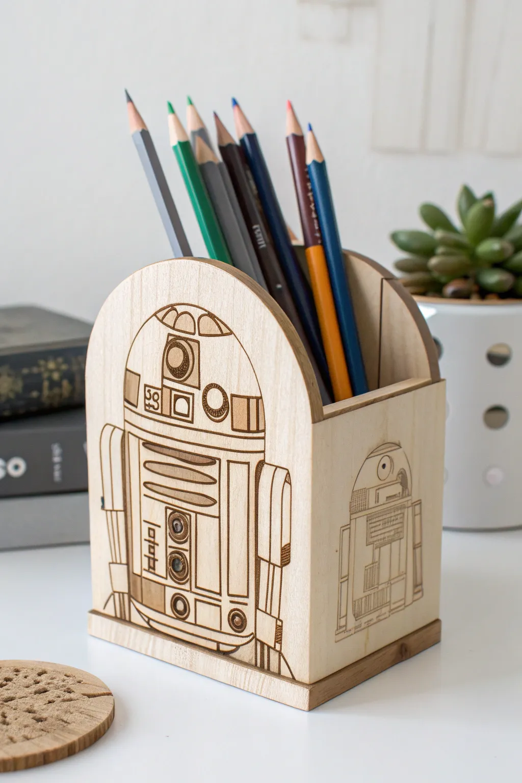 Bring a touch of the galaxy to your desk with this minimalist R2-D2 inspired pencil holder. Perfect for the Star Wars fan who appreciates natural beauty and craftsmanship.