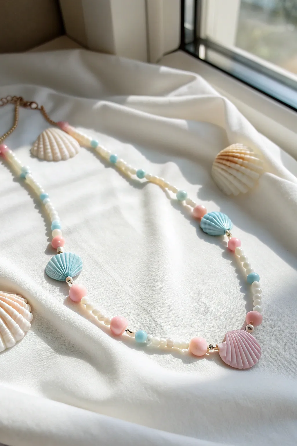 Embrace the ocean's elegance with this handcrafted shell necklace made from pastel perler beads. #BohoChic #MinimalistStyle