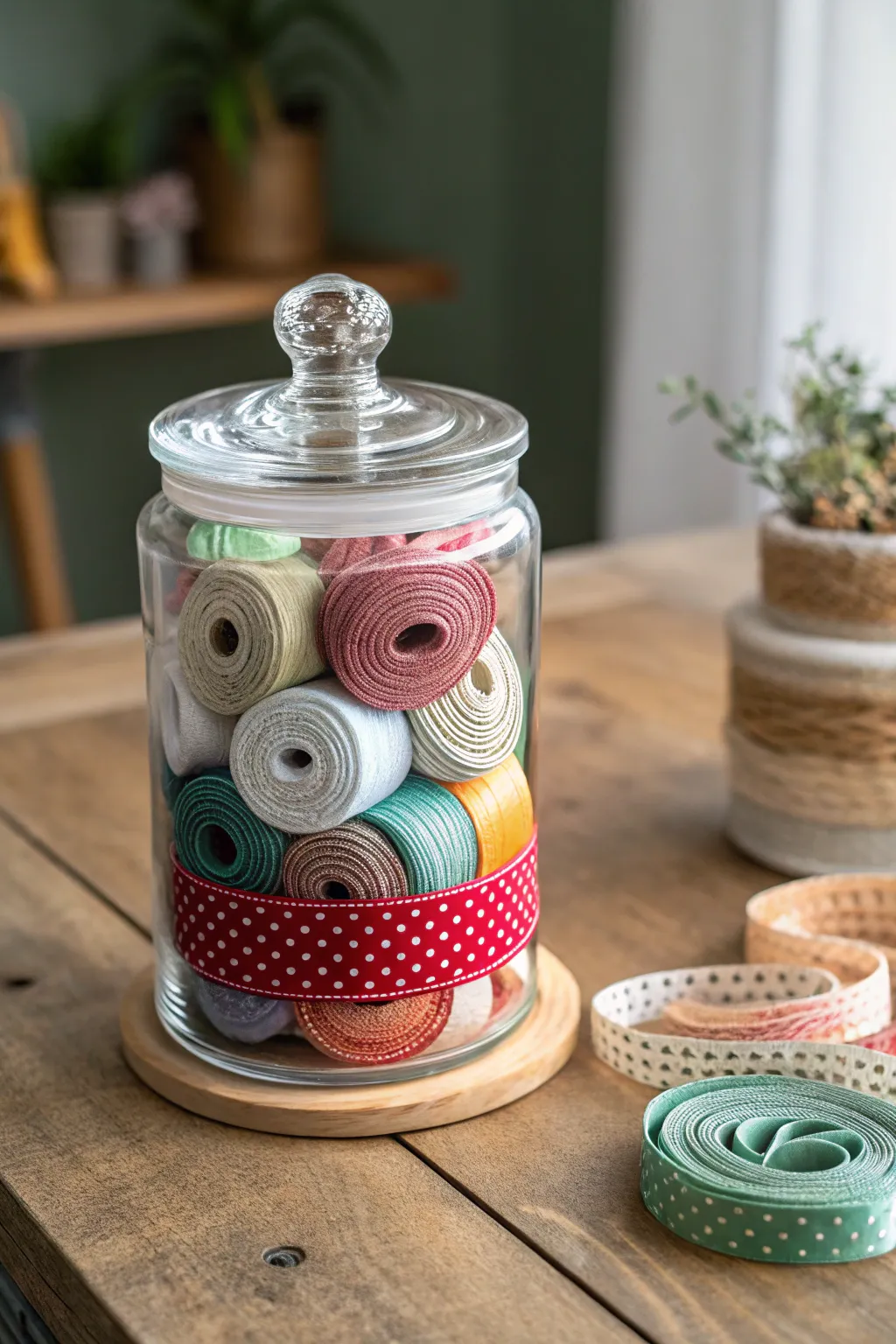 Organize with style: Transform your pickle jar into a chic ribbon holder.