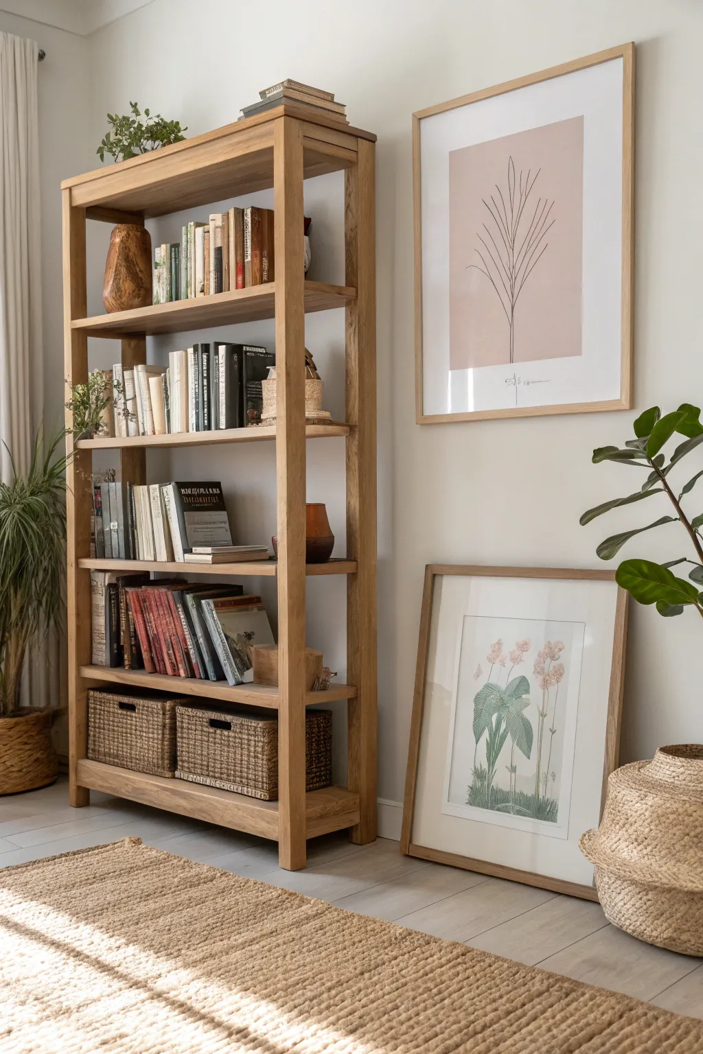 Add a touch of elegance to your library with framed art nestled among your favorite books.