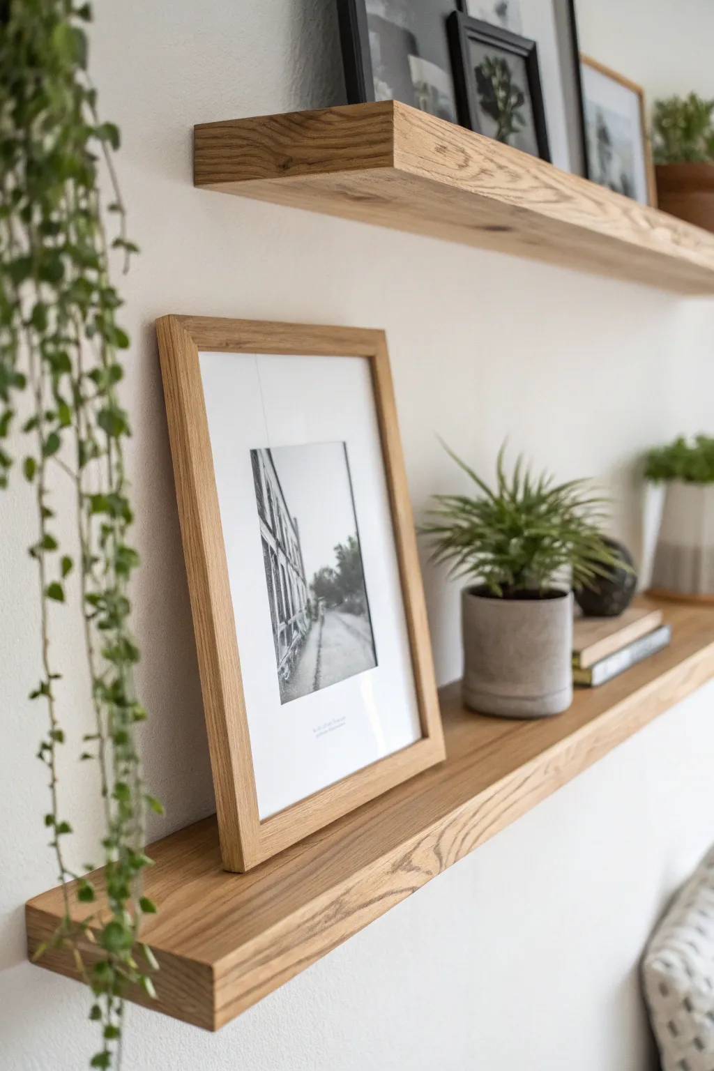 Elevate your space with minimalist floating shelves for effortless frame storage and a touch of natural beauty.