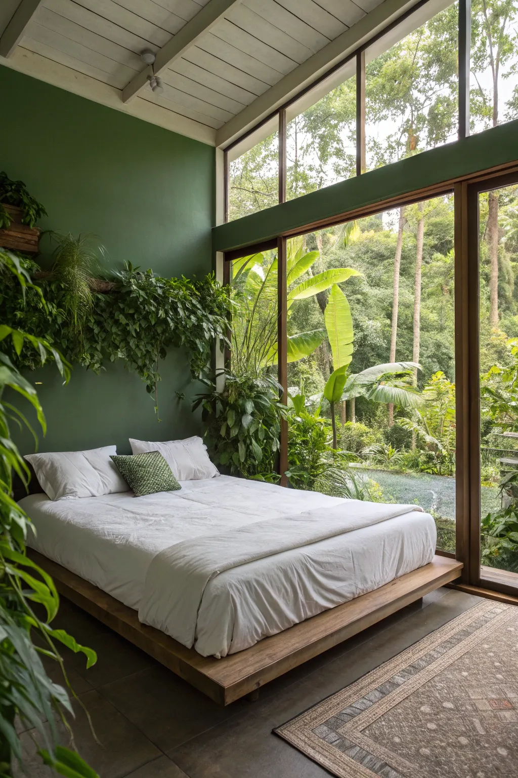 Greenery around a platform bed for a fresh and natural ambiance.