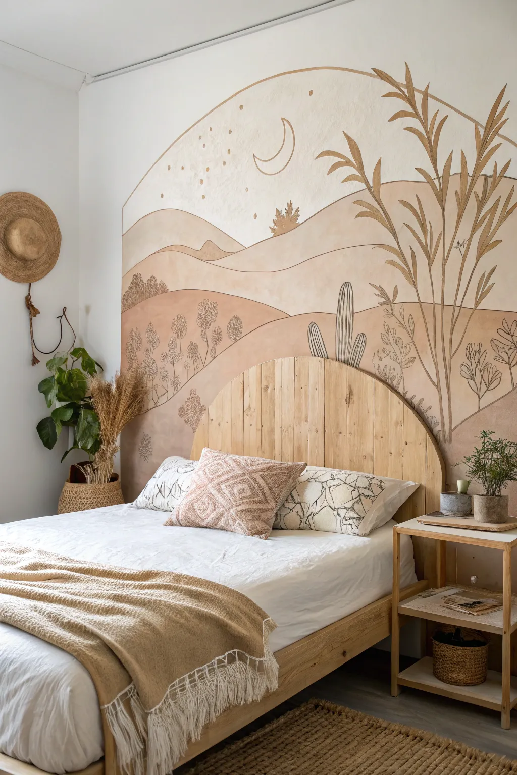 Transform your bedroom into a serene sanctuary with an artistic plywood headboard mural that blends minimalist elegance with Boho flair.