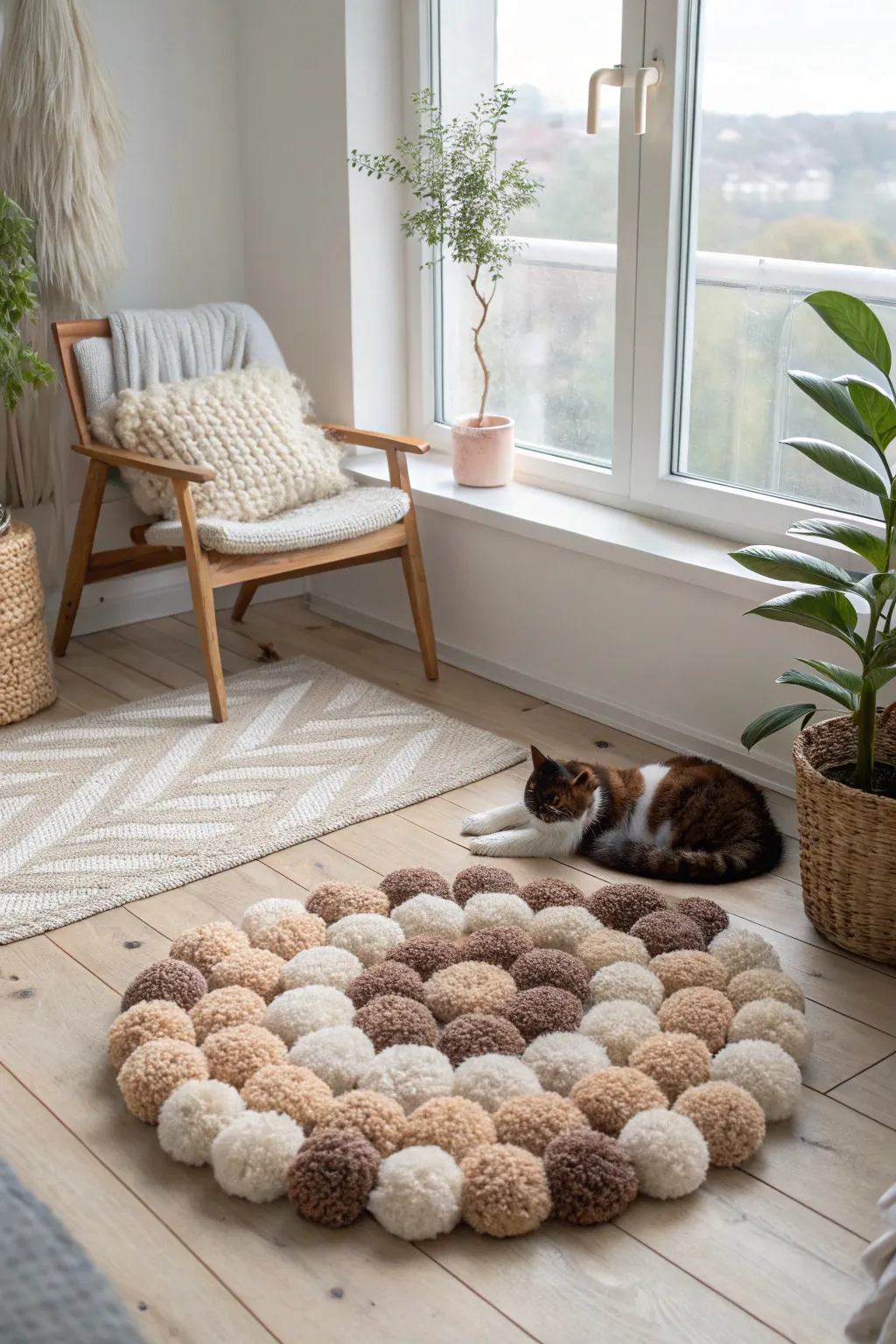 Create a cozy retreat for your furry friend with a handcrafted pom pom rug. #ScandiBoho #PetFriendlyComfort