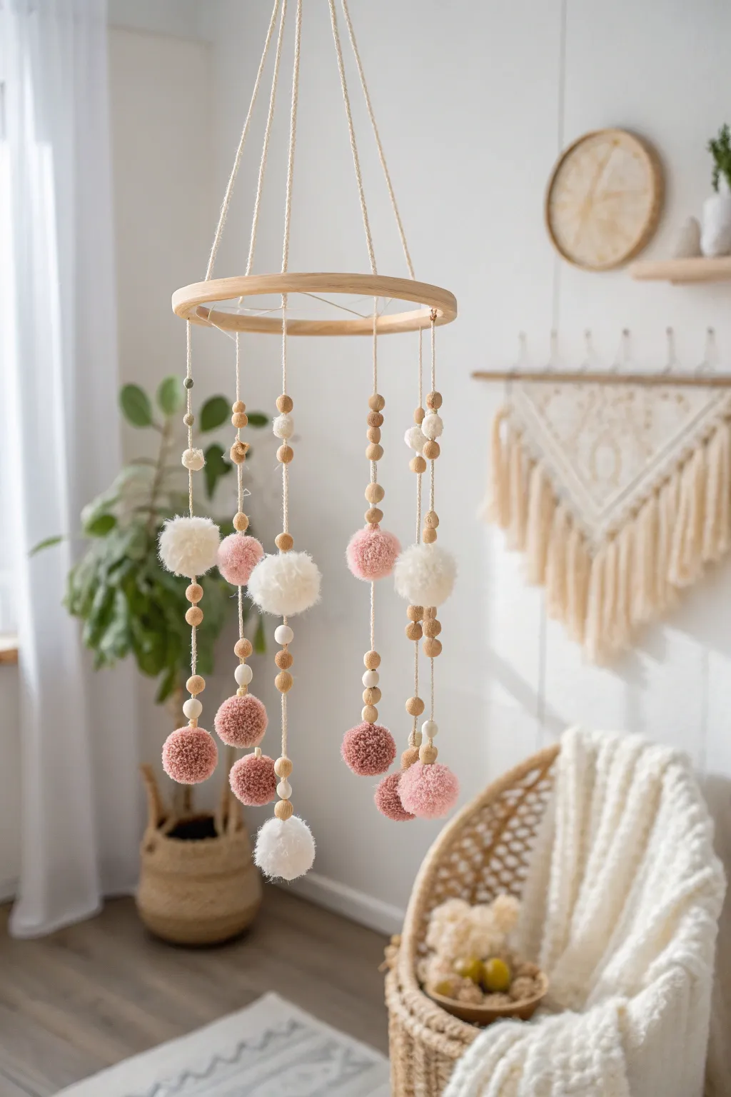 Transform your nursery into a tranquil haven with this charming pom pom baby mobile.