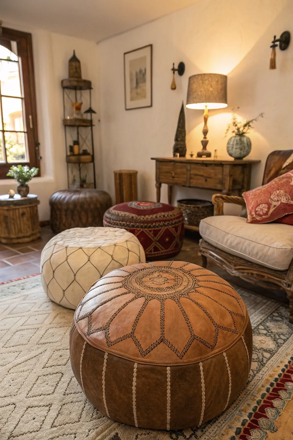 Vintage-style poofs bring charm and warmth to this room.