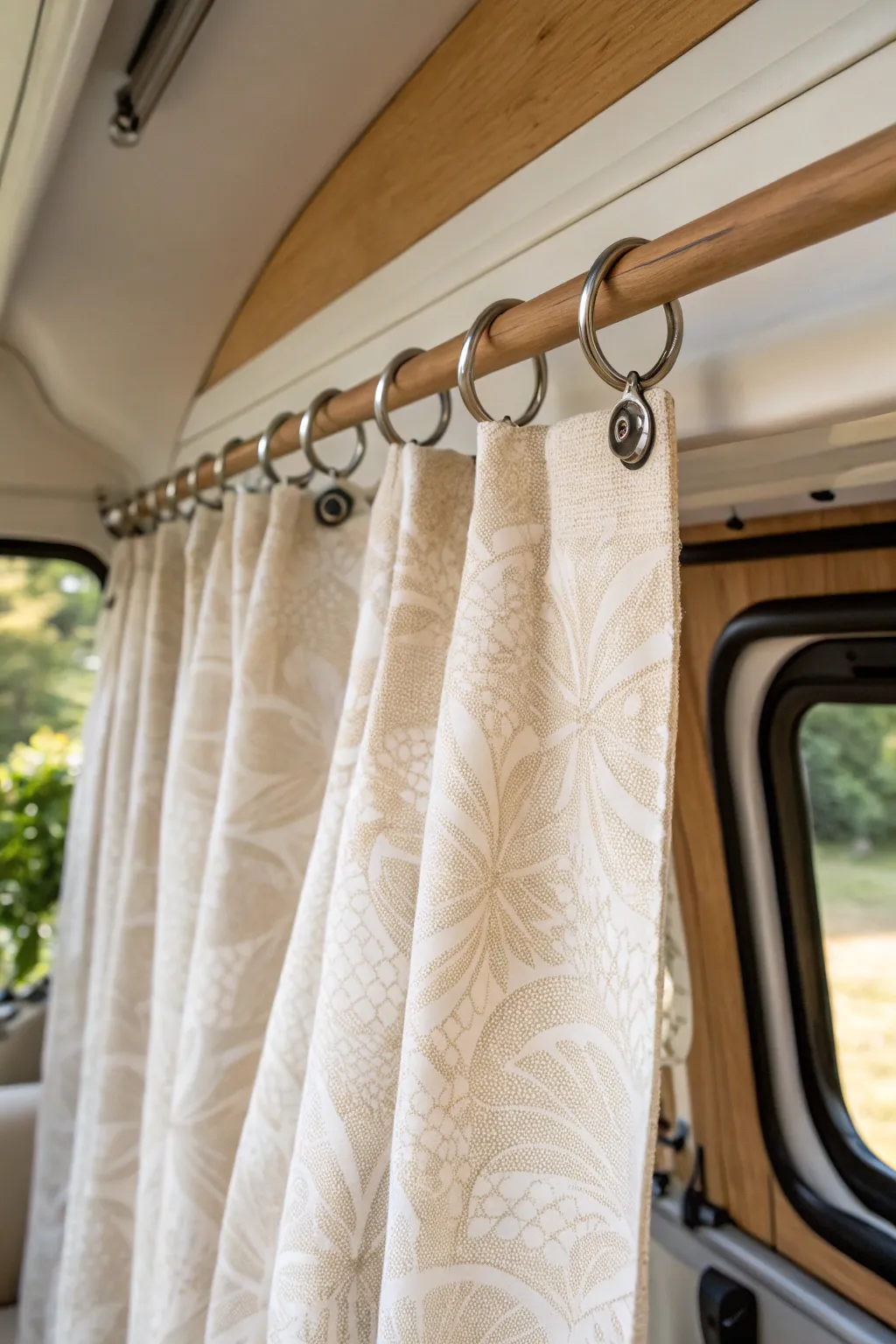 Effortless style and flexibility with clip-on rings for your camper curtains.