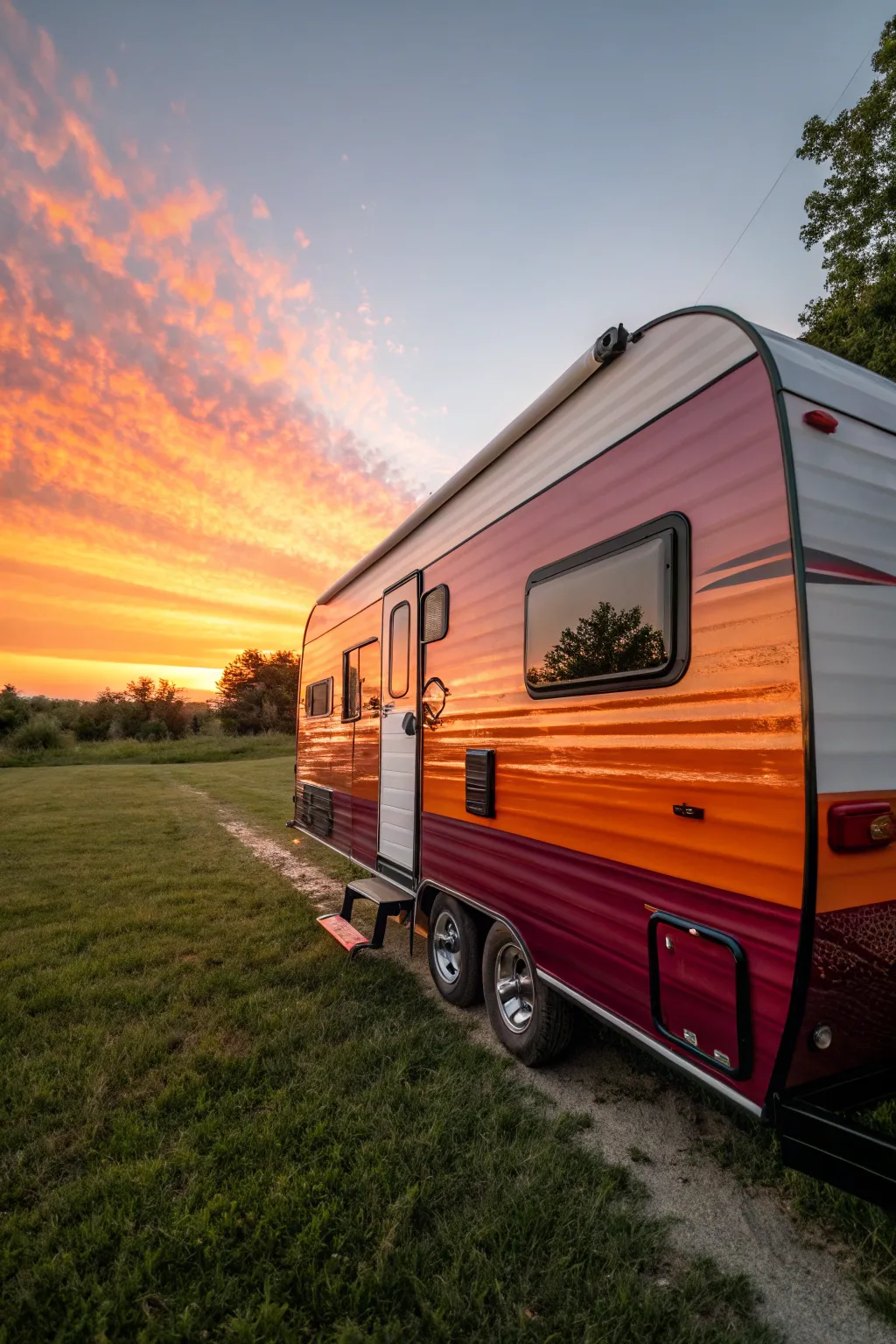 Experience tranquility with a sunset ombre camper makeover, blending craftsmanship with nature's palette.