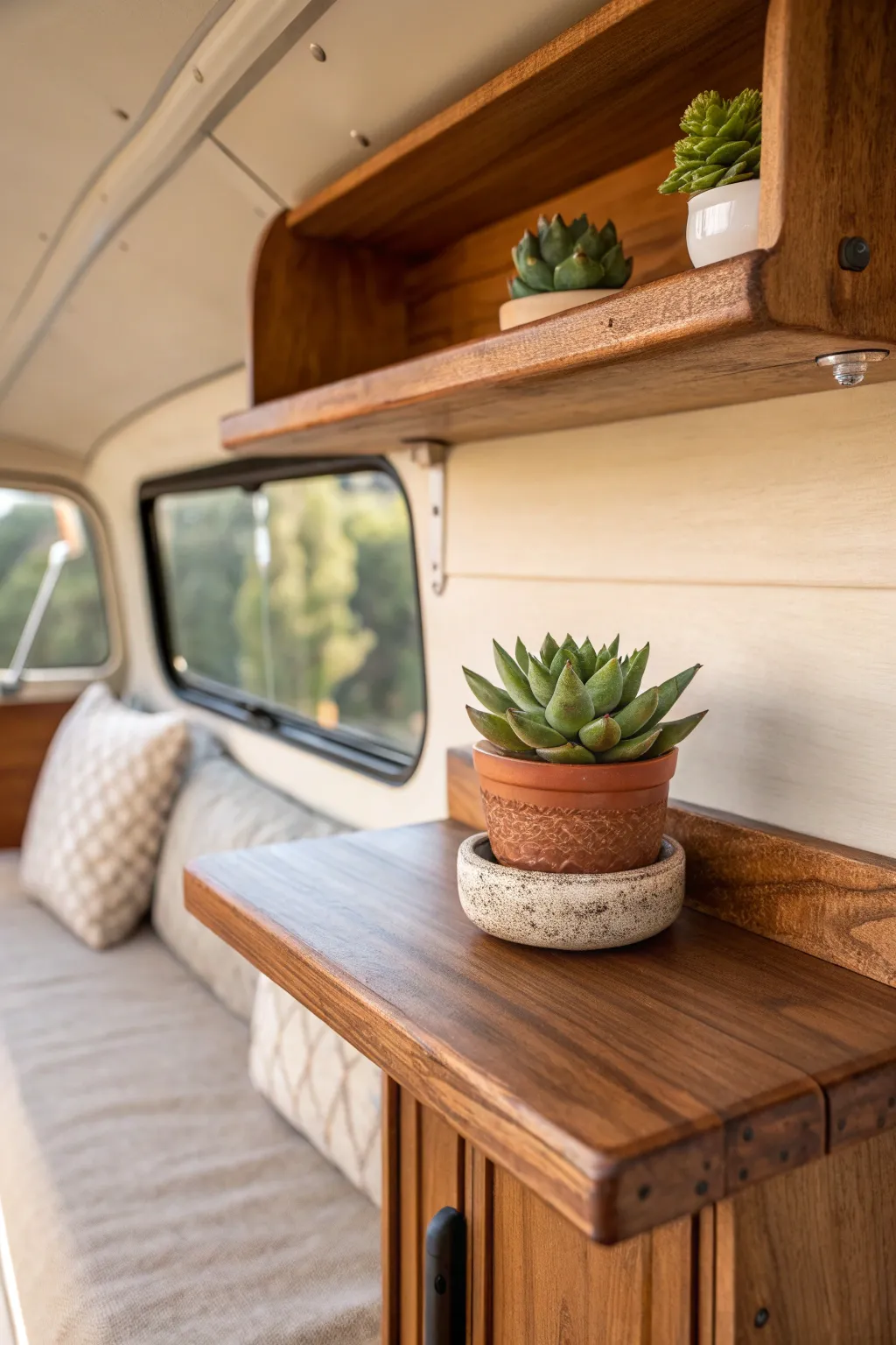 Add a touch of life to your camper with a charming succulent in a handcrafted pot.