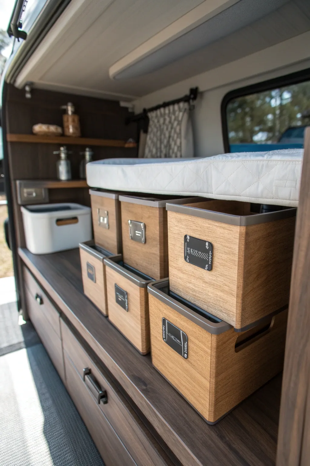 Master the art of organization with handcrafted labeled bins for your pop-up camper.