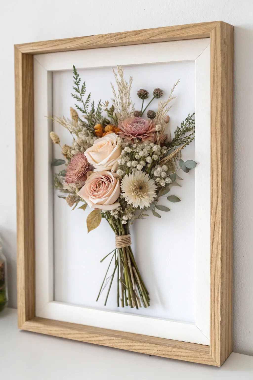 Transform your cherished wedding bouquet into stunning floral wall art with minimalist elegance.