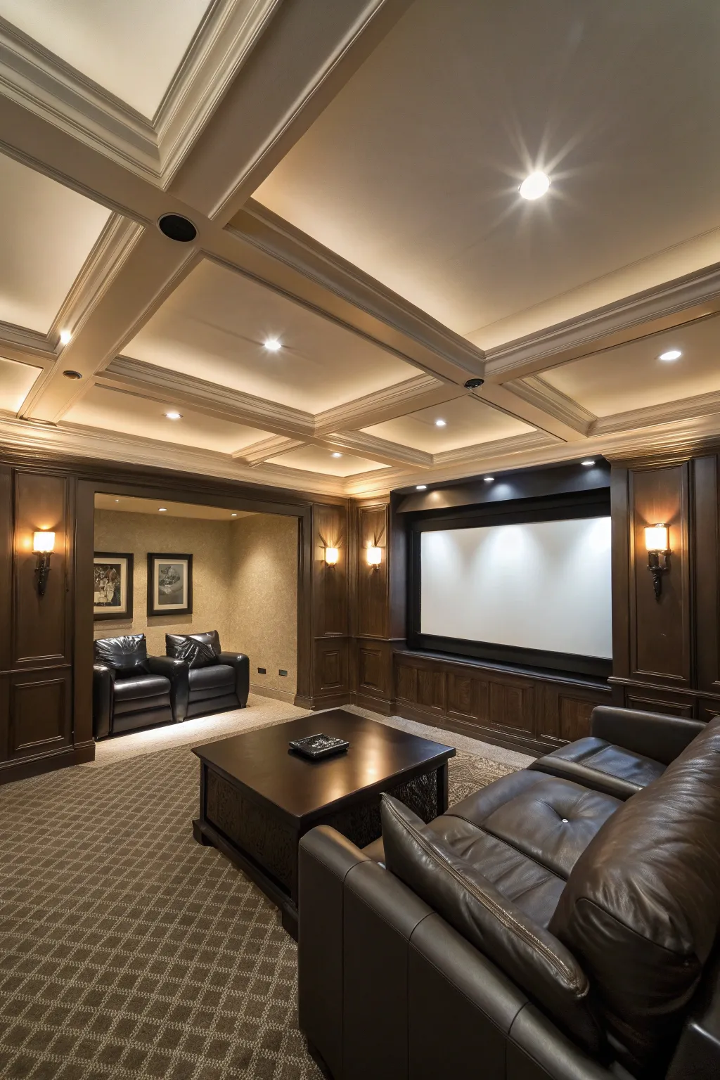 Elevate your home theater with a recessed ceiling alcove for a seamless, sophisticated look.