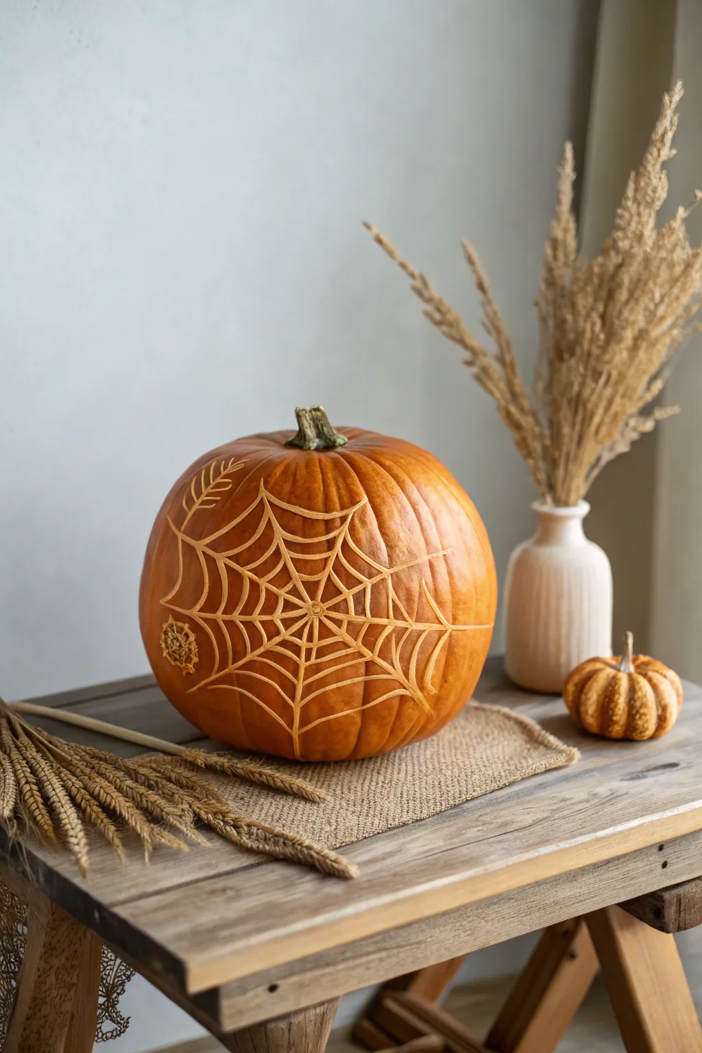 Embrace the art of simplicity with this stunning spider web pumpkin carving—perfect for adding a touch of elegance to your Halloween decor.