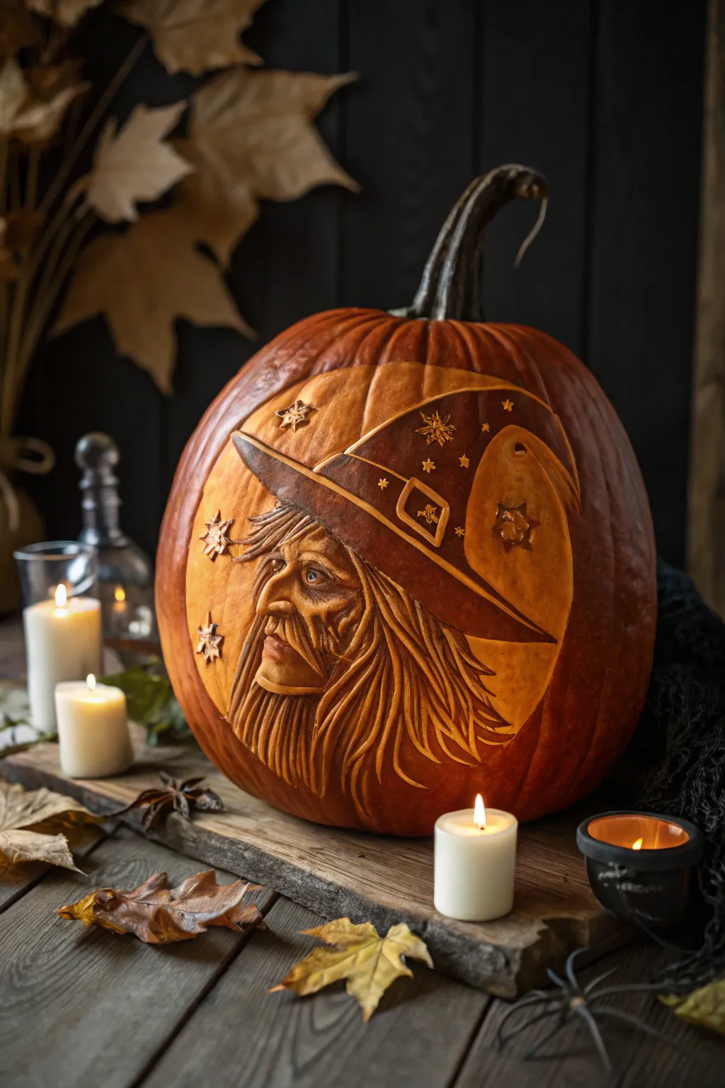 Embrace the magic of Halloween with this masterfully carved witch pumpkin, where craftsmanship meets enchantment.