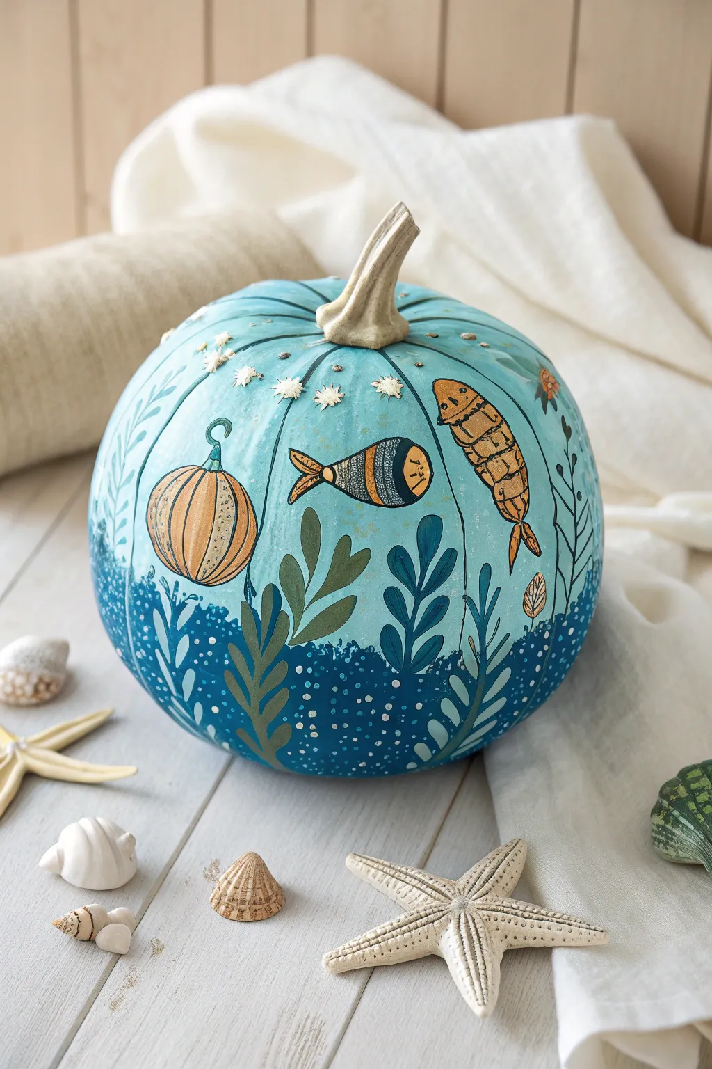 Explore ocean wonders with this charming under-the-sea pumpkin design, perfect for sparking curiosity in little ones.