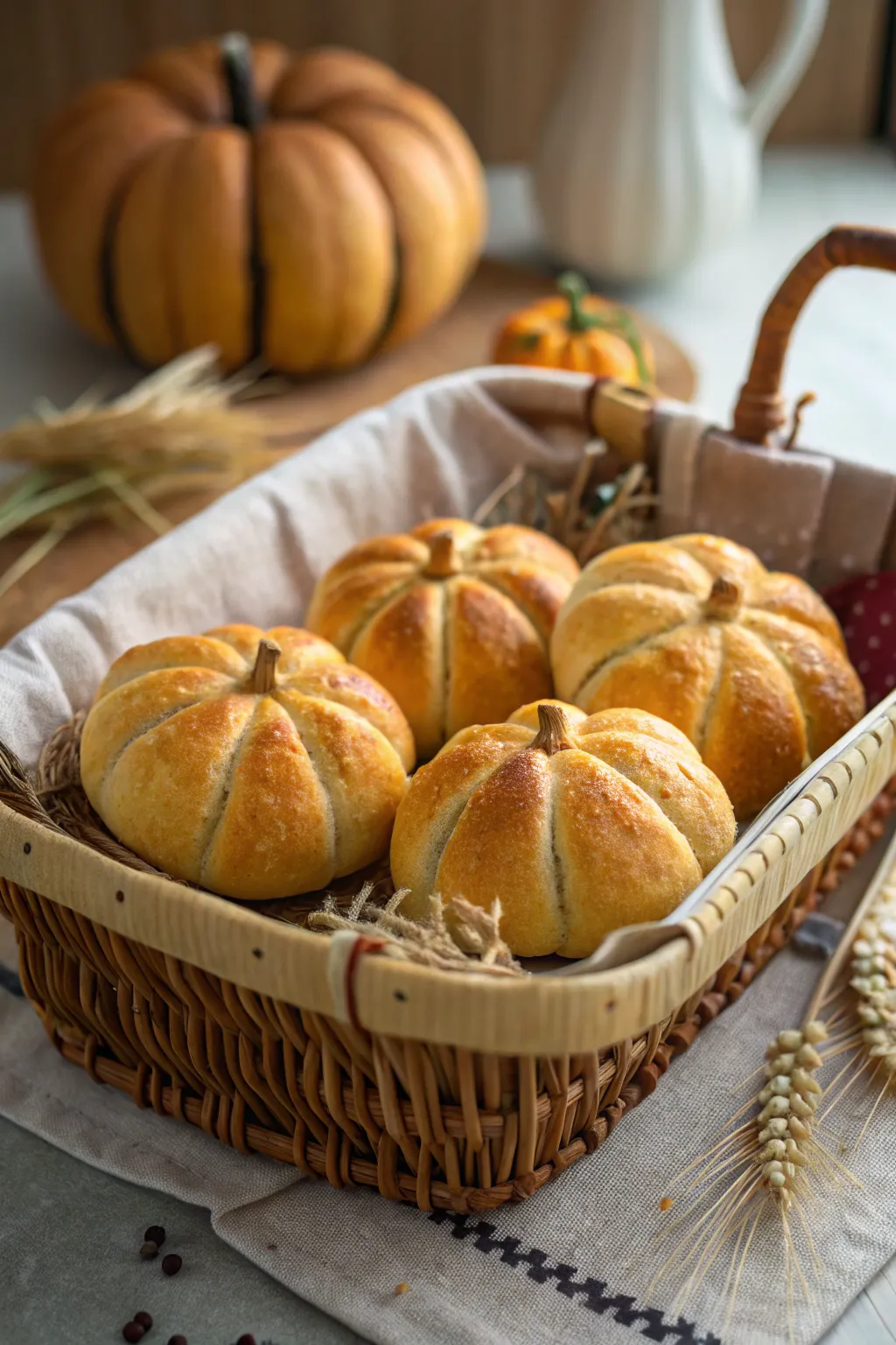 Adorable pumpkin-shaped dinner rolls that are a tasty addition to any meal.