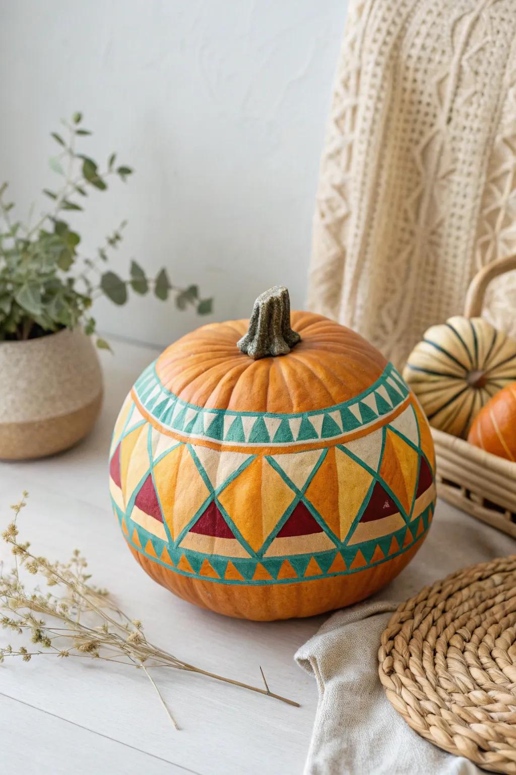 Elevate your fall decor with these vibrant geometric painted pumpkins—where minimalist design meets bold creativity!