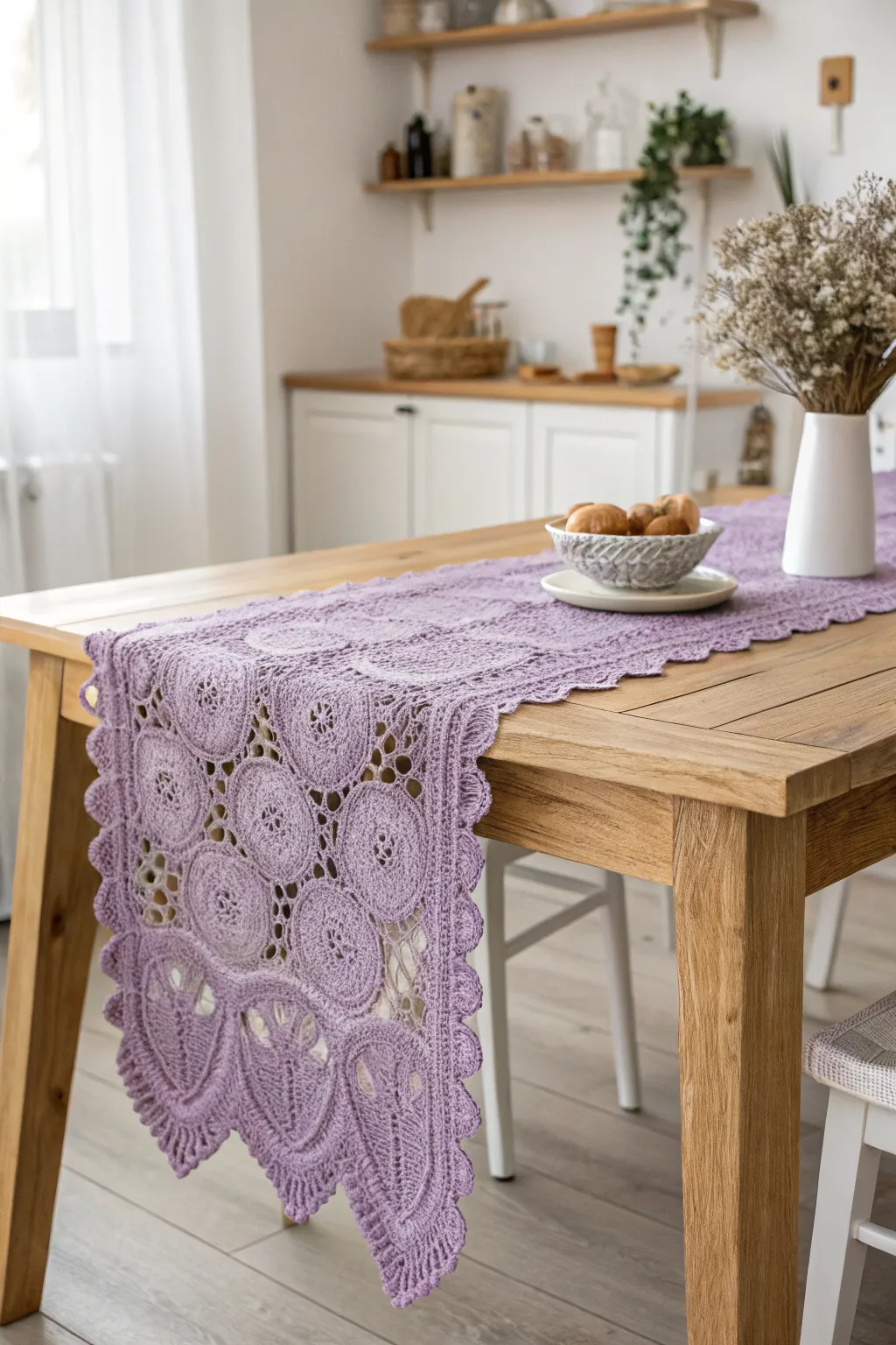 Add a touch of elegance with this lilac lace table runner, perfect for any occasion.
