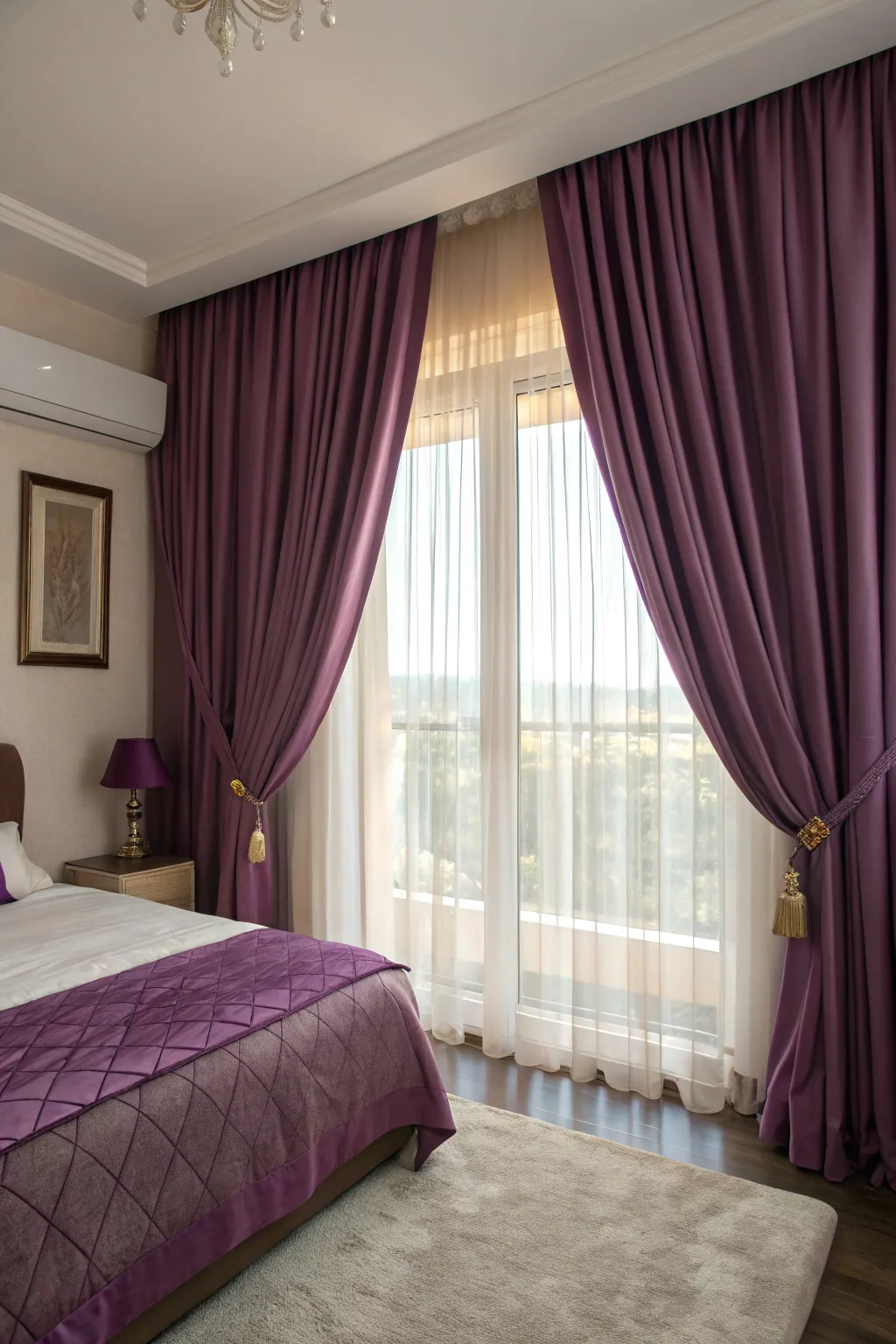 Purple curtains add color and sophistication to the bedroom.
