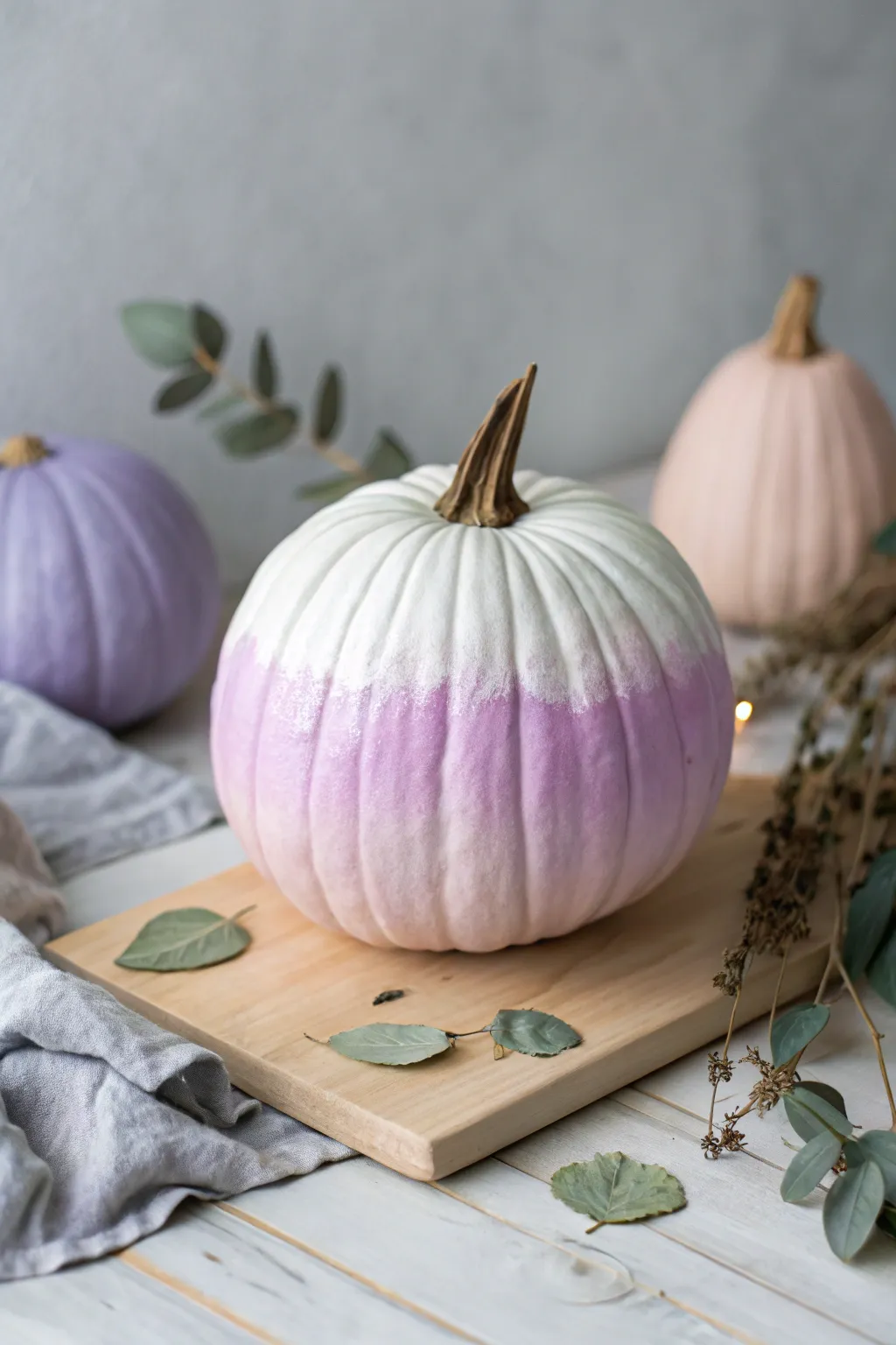 Transform your autumn decor with a dreamy pastel ombre pumpkin, where soft purples blend into pinks for an ethereal touch.