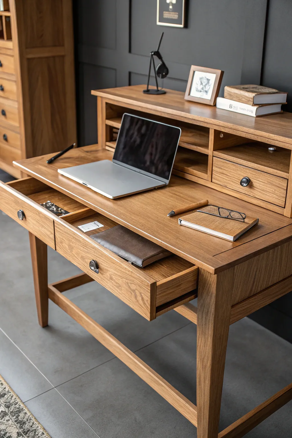 Elegance meets functionality: Discover the art of space-saving with this expertly crafted retractable desk.