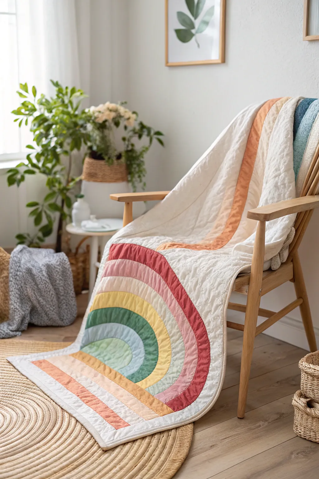 Brighten your space with the serene beauty of rainbow rows. 🌈✨ #QuiltArtistry #ScandiBoho
