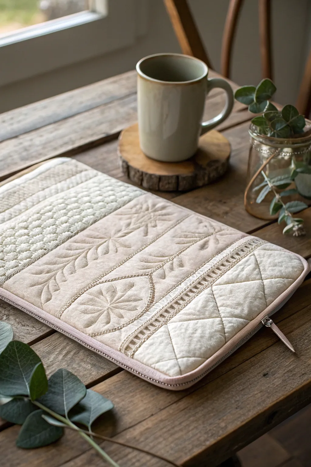 Embrace simplicity and elegance with this handmade quilted laptop sleeve, where functionality meets timeless beauty.
