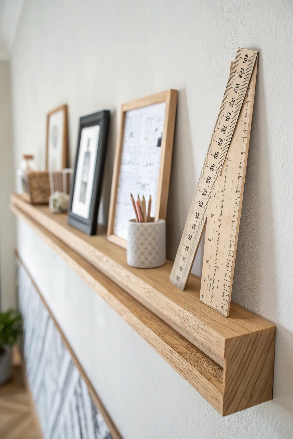 Elevate your quilting space with a chic photo ledge display for your rulers, blending minimalist elegance with boho flair.
