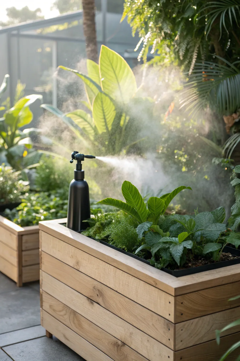 Transform your garden into a tropical oasis with a chic fogger system, blending minimalist design with Boho charm.