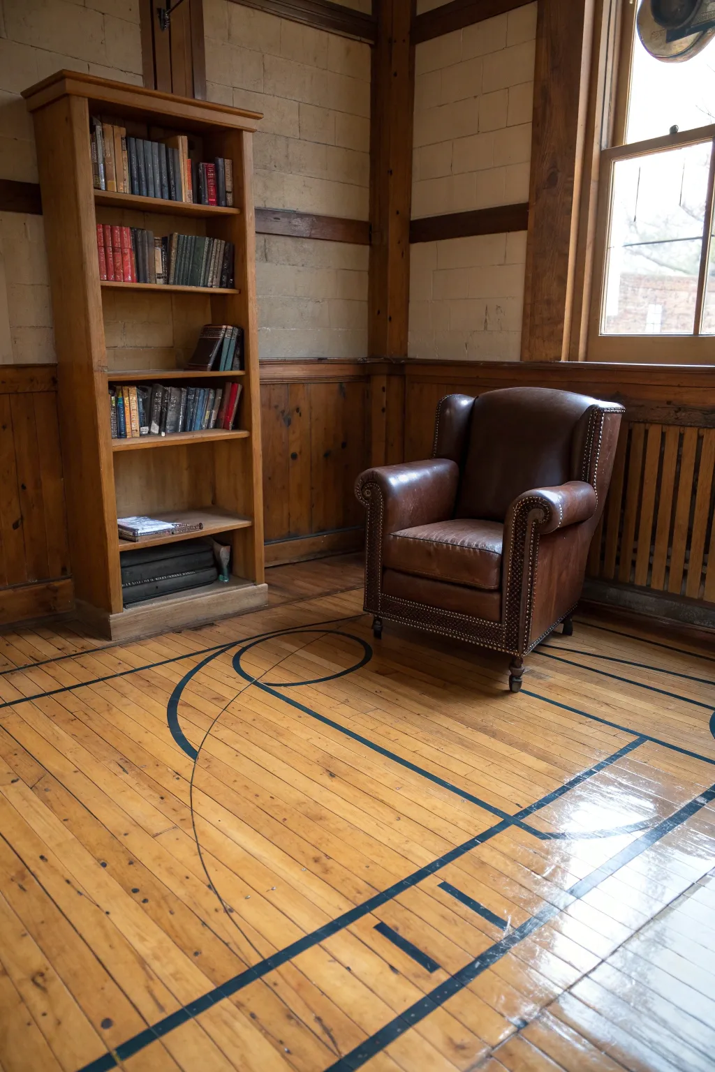 Find solace in style: A cozy reading nook with reclaimed court flooring.