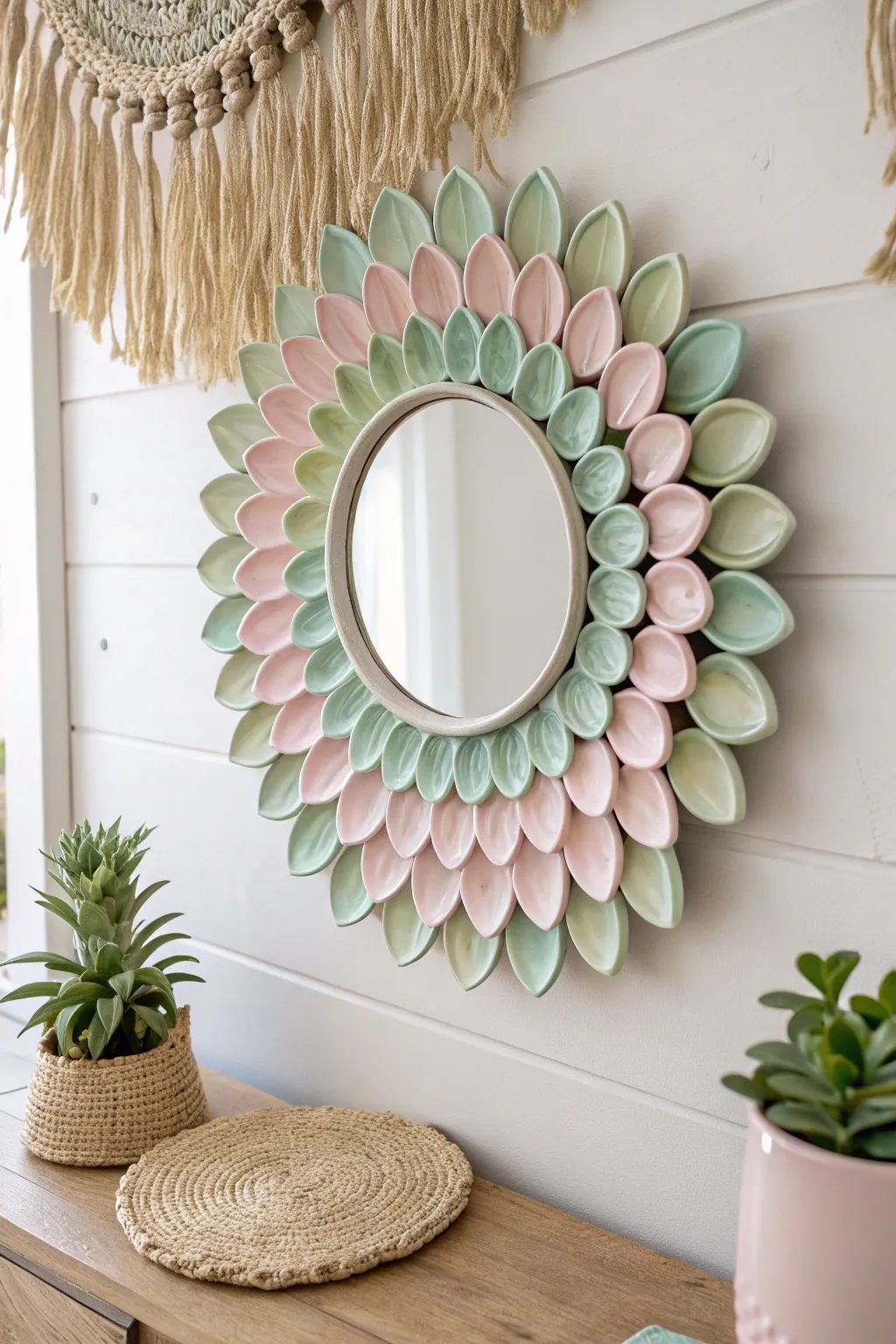 Transform plastic spoons into a chic flower mirror with a minimalist touch. Embrace sustainability in style. 🌿✨