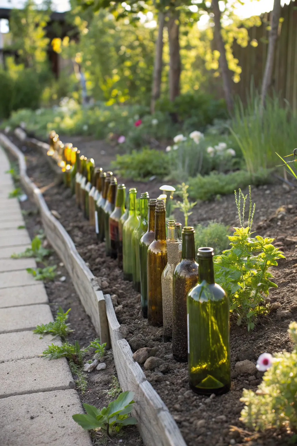Transform your garden with a touch of boho elegance using recycled wine bottles for a charming and eco-friendly border.