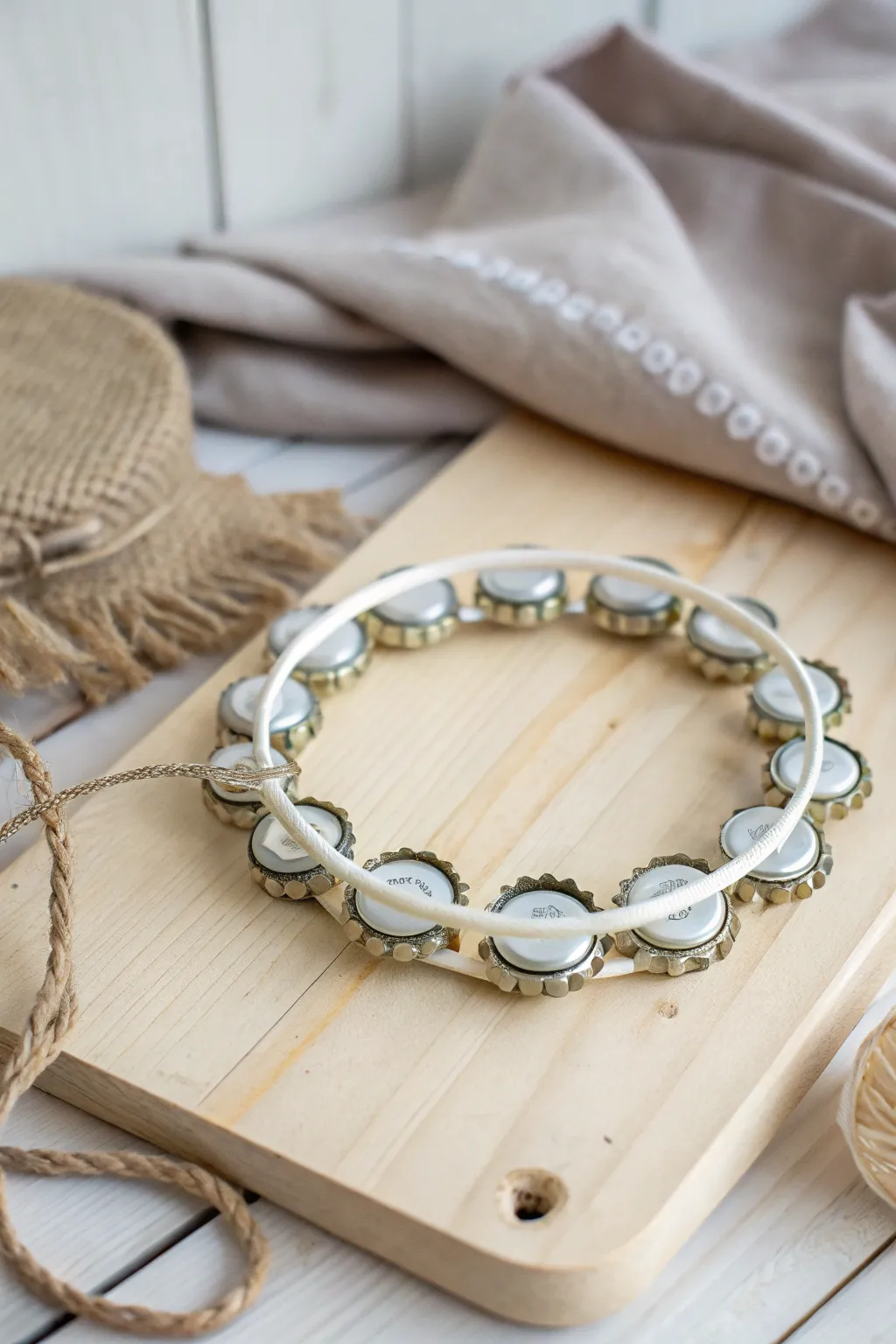 Dance to your own beat with this charming bottle cap tambourine, where sustainability meets style!