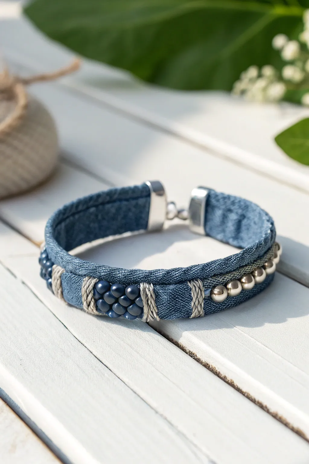 Elevate your style with sustainable elegance: Denim Delight Bracelets crafted from upcycled materials.