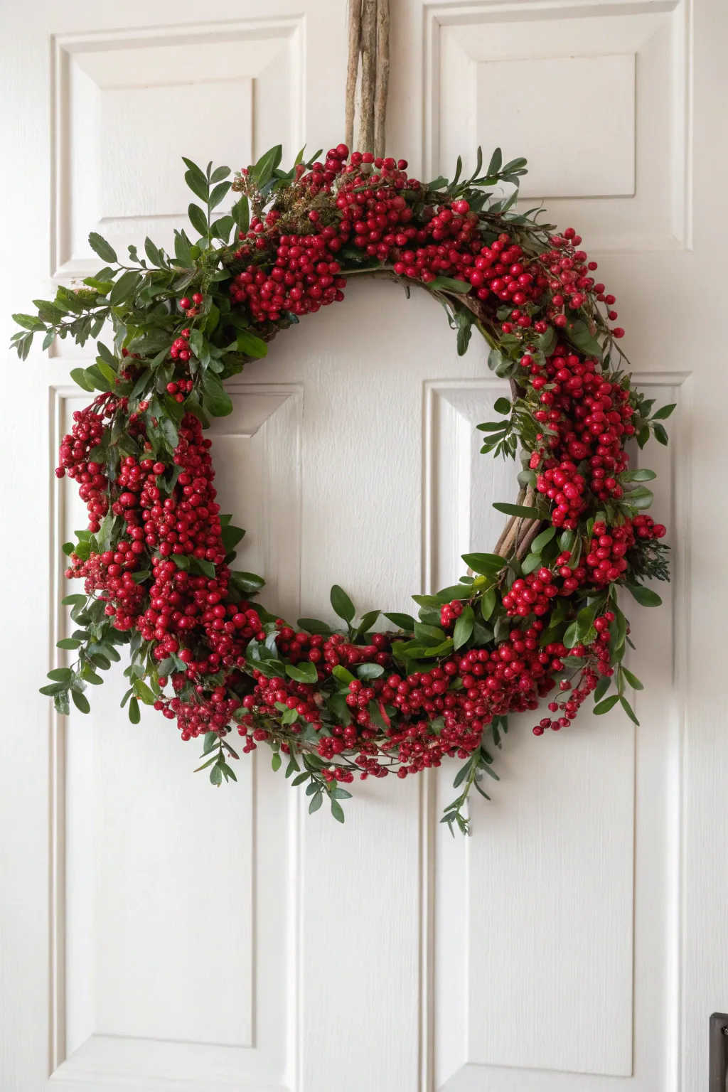 Welcome guests with a burst of color: the perfect blend of simplicity and elegance with this red berry wreath.